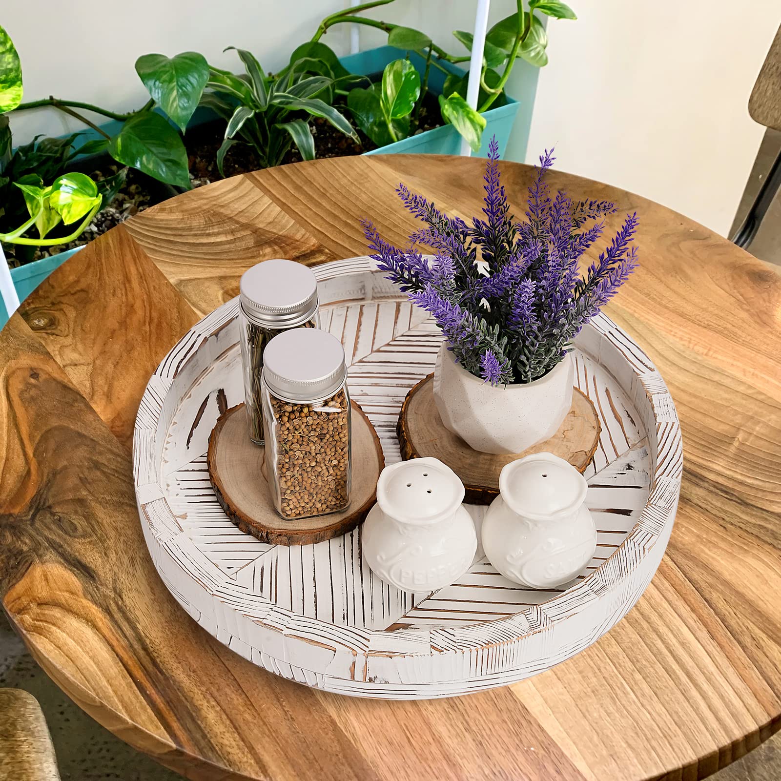 12 Inch Rustic Farmhouse Wood Lazy Susan Turntable For Table, Tomoaza White Herringbone Decorative Turntable Tray, Dining Table