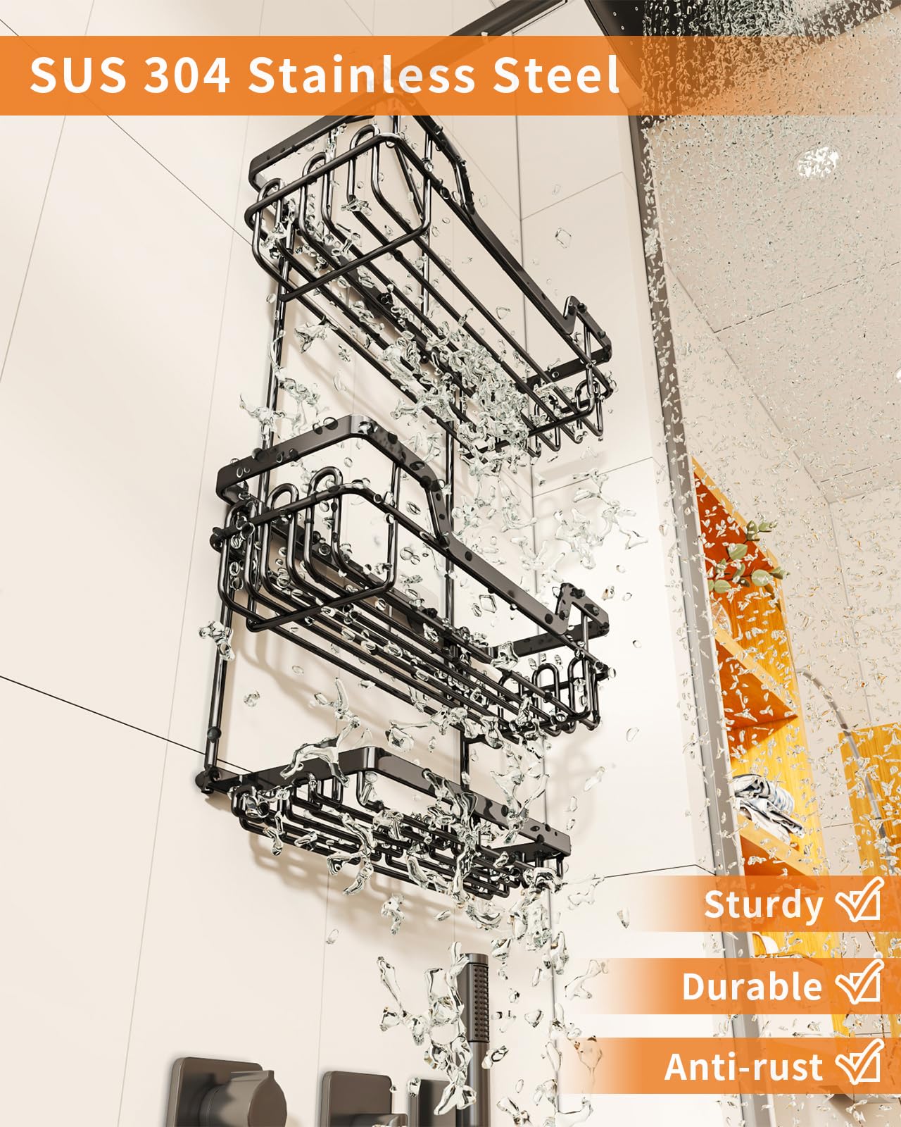 Swtymiki Hanging Shower Caddy, 3 Tier Rustproof Shower Organizer Over Shower Head With 16 Hooks & Dual Soap Holder, Large Capaci