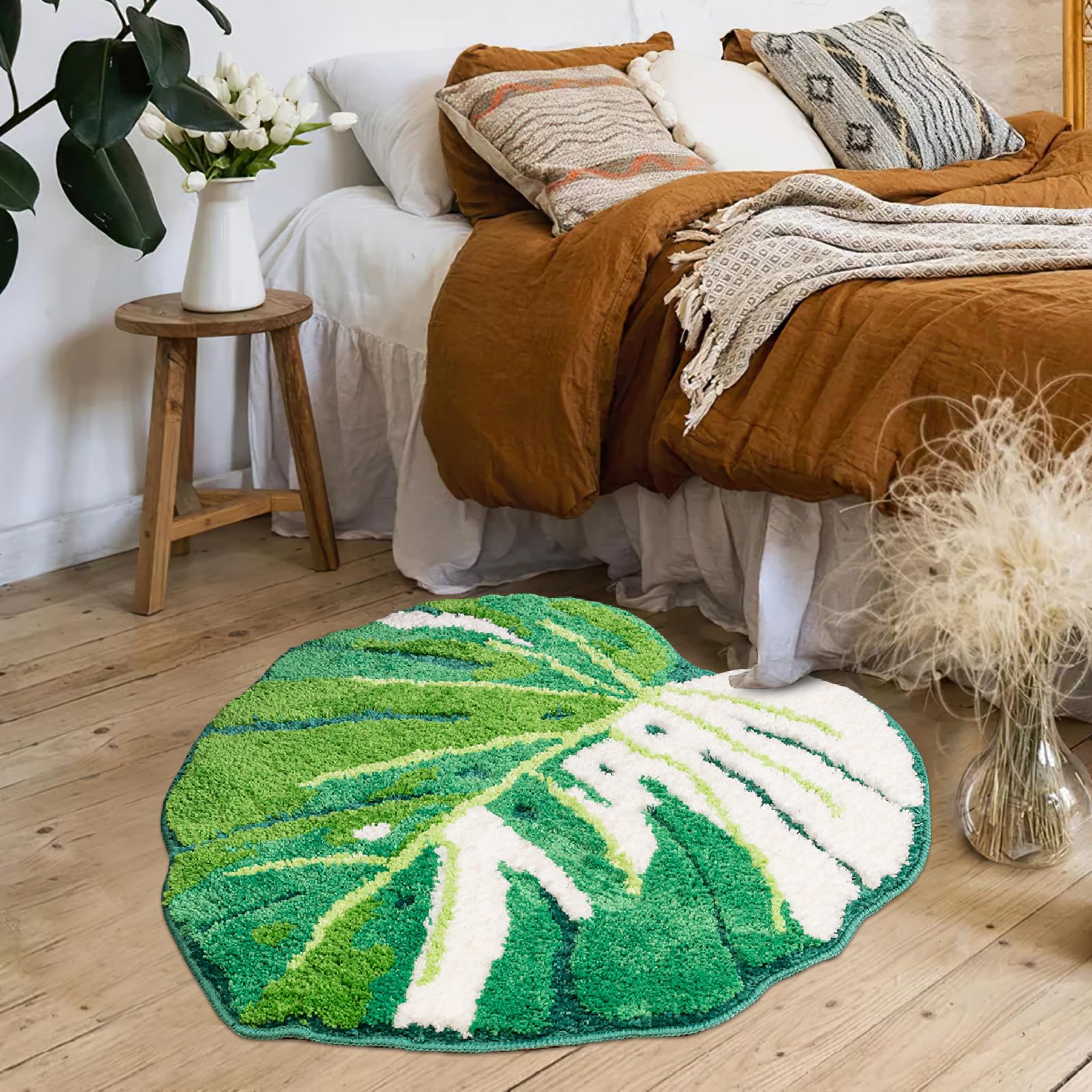 Sisher Green Leaf Bathroom Rug Large Monstera Rug Kids Rug Green Leaf Area Rug Non Slip Comfortable Carpet For Bedroom Bathroom