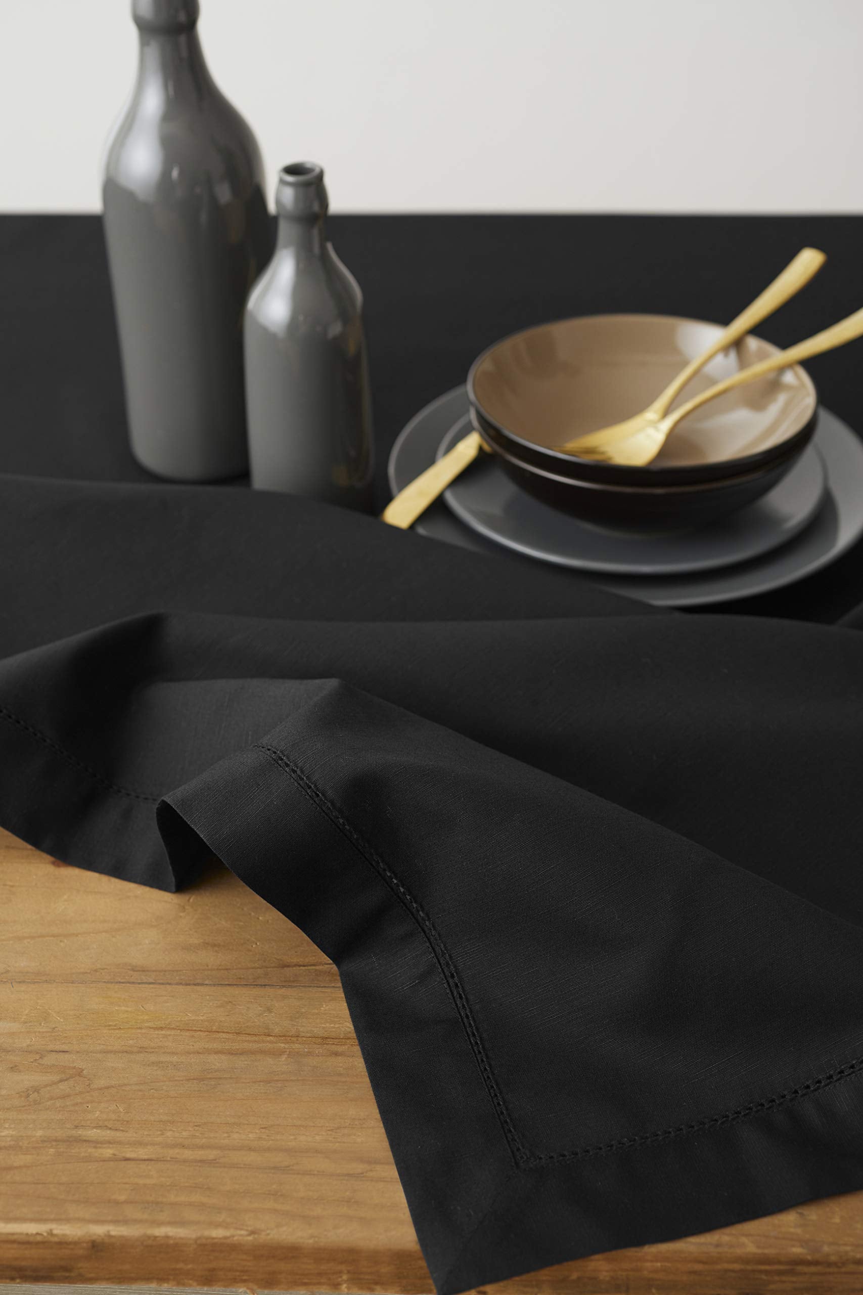 Solino Home Black Tablecloth - Cotton Linen Hemstitch Tablecloth 58 X 84 Inch - Machine Washable Rectangle Table Cloth For Fall,