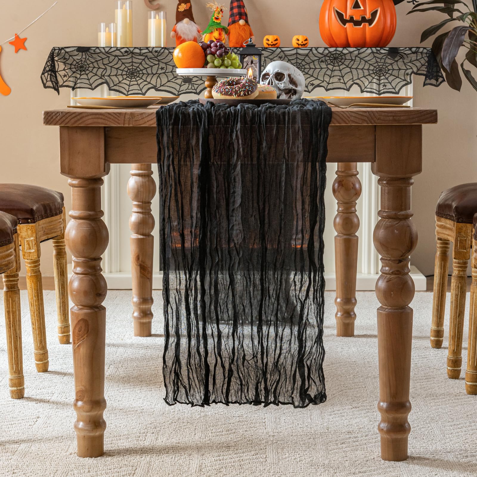Sioloc 1 Pack Black Halloween Table Runner,10Ft Black Chiffon Table Runner ,Boho Gauze Fall Table Runner For Wedding Bridal Baby