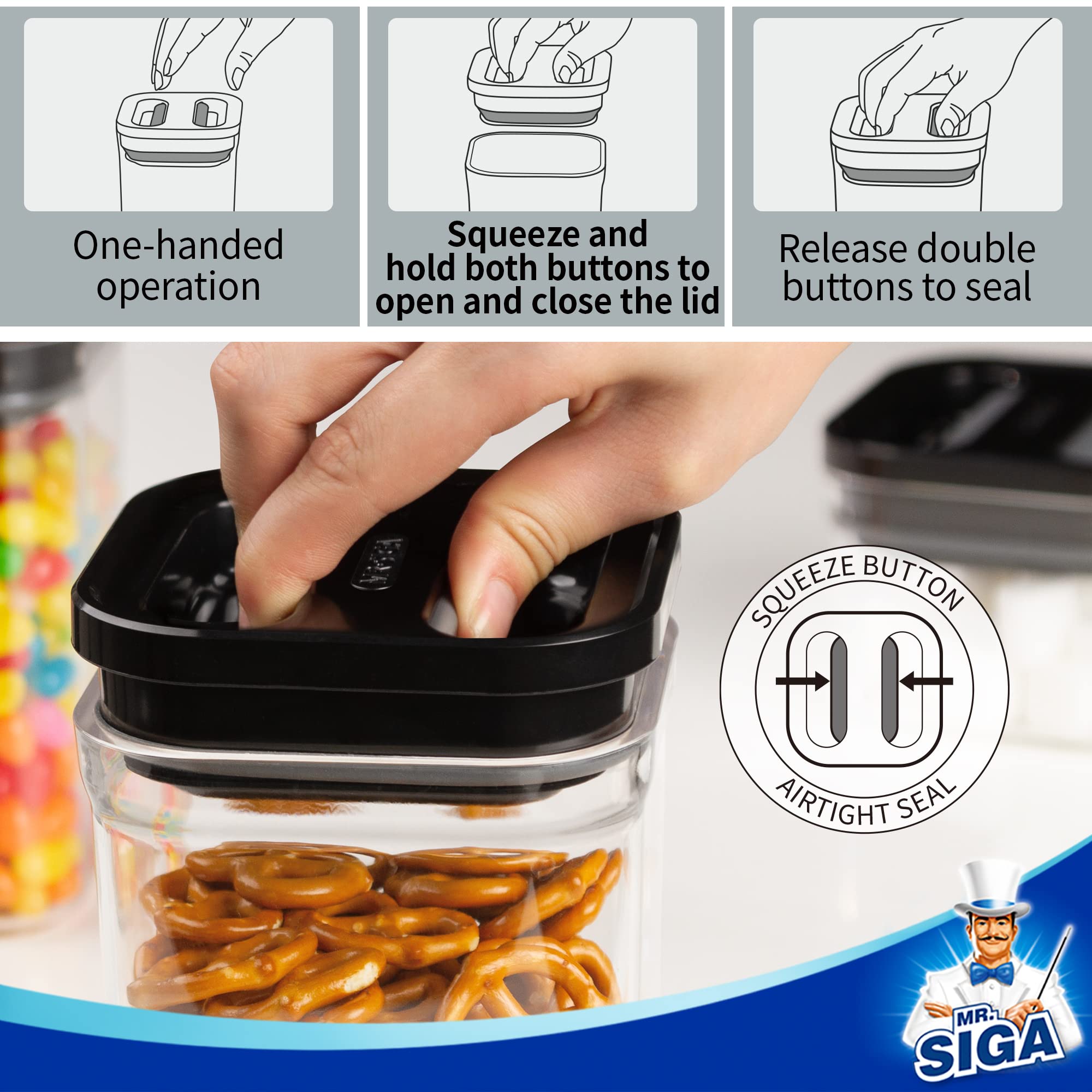 Mr.Siga 4 Pack Airtight Food Storage Container Set, Bpa Free Kitchen Pantry Organization Canisters, One-Handed Airtight Cereal S