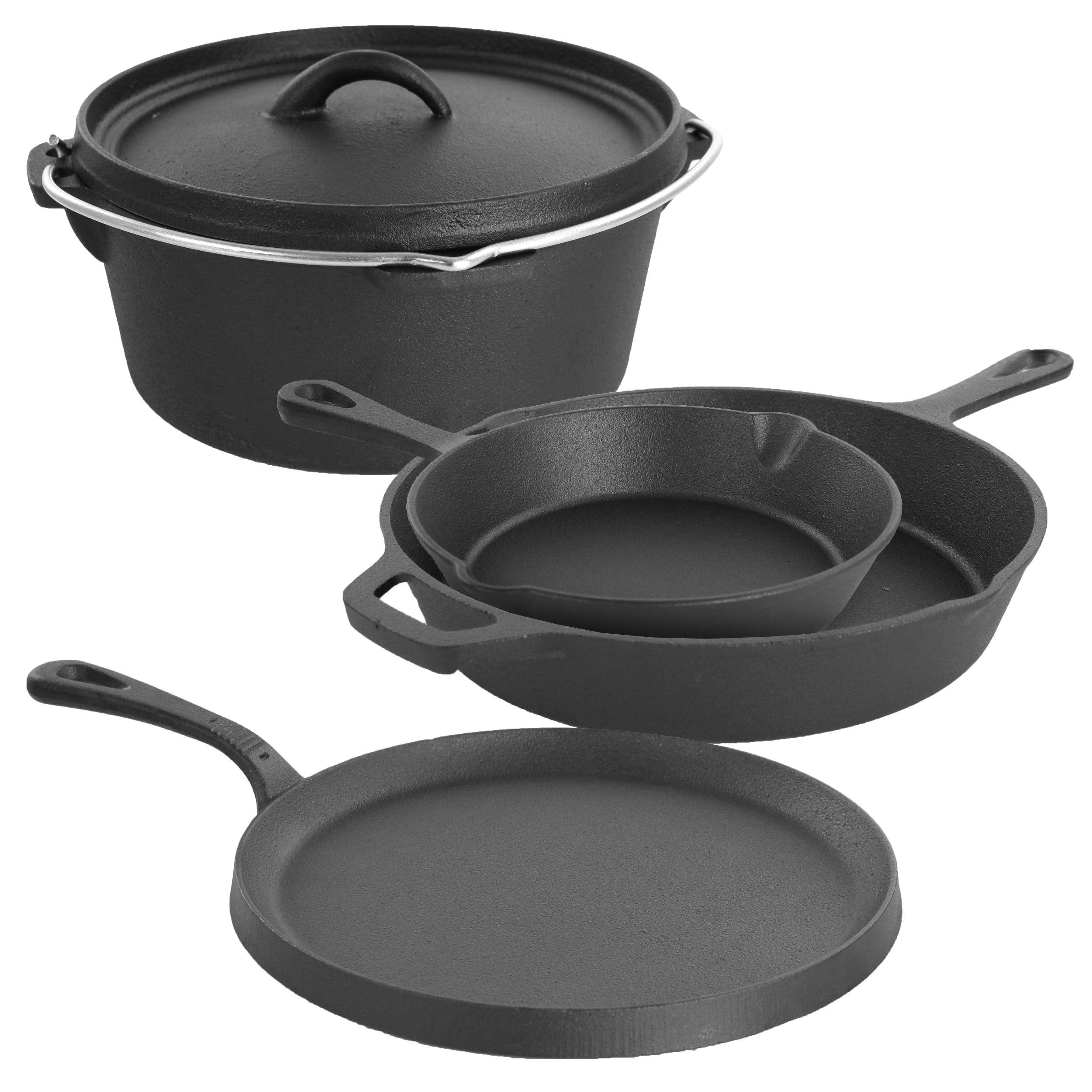 MegaChef Assorted PreSeasoned OVEN SAFE, Cast Iron Cookware Set, 5 Piece, Black