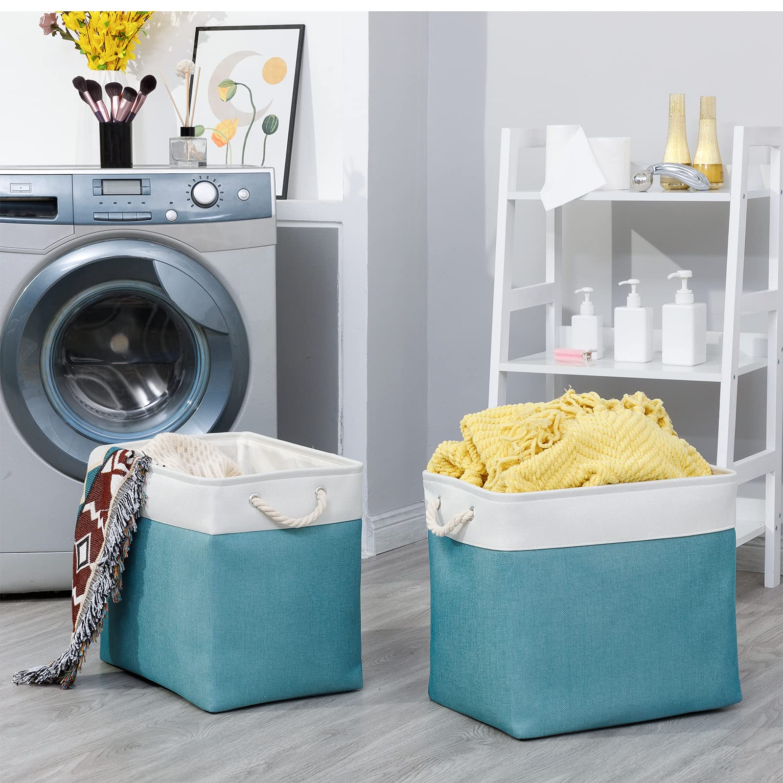 Bidtakay Storage Baskets Extra Large 17X12X15 In Teal Blue Nursery Toy Baskets Fabric Long Shelf Baskets For Organizing Set Of 2