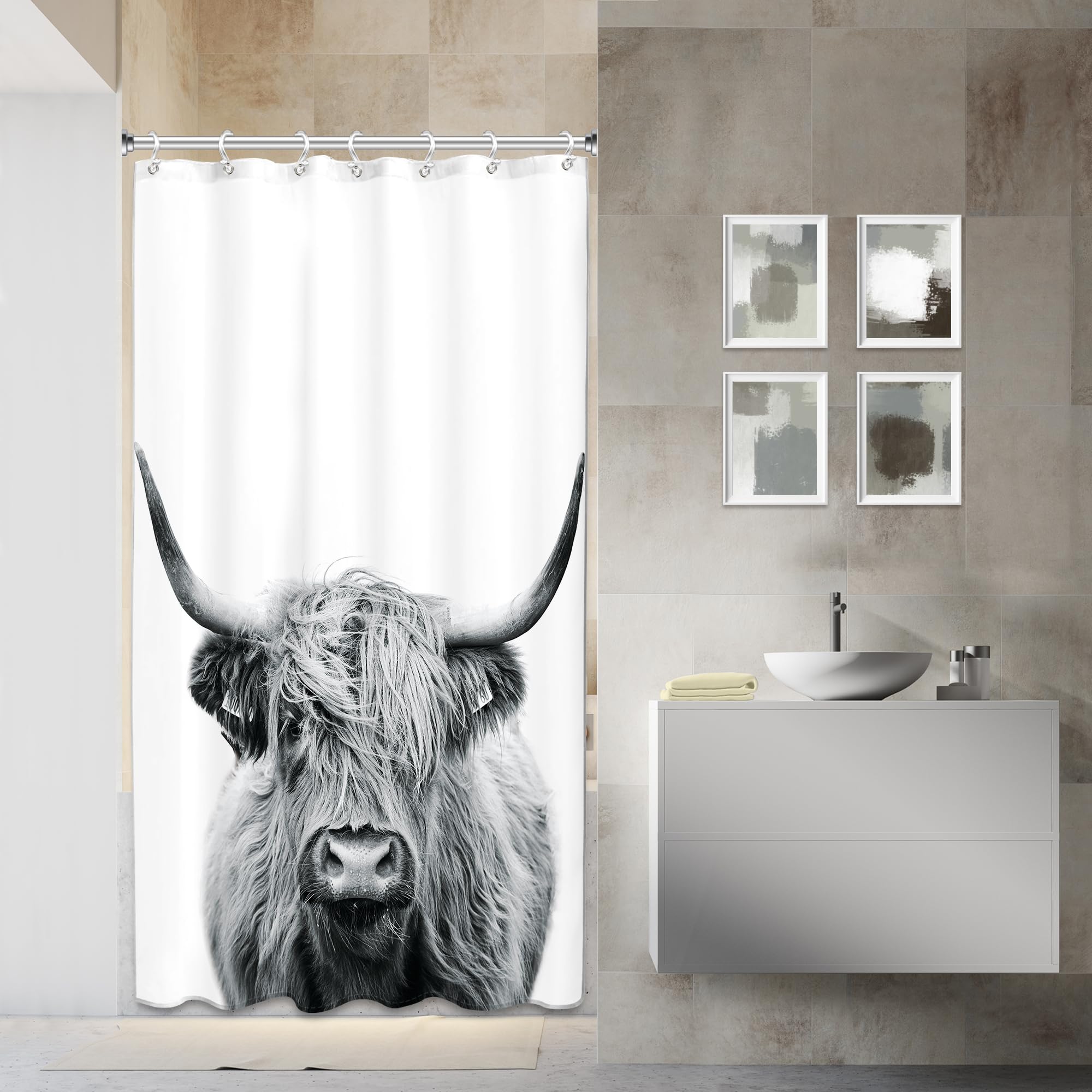 Ambzek Small Stall Highland Cow Shower Curtain 36Wx72L Inch Western Bull Single Half Rv Farmhouse Cattle Country Funny Artwork C