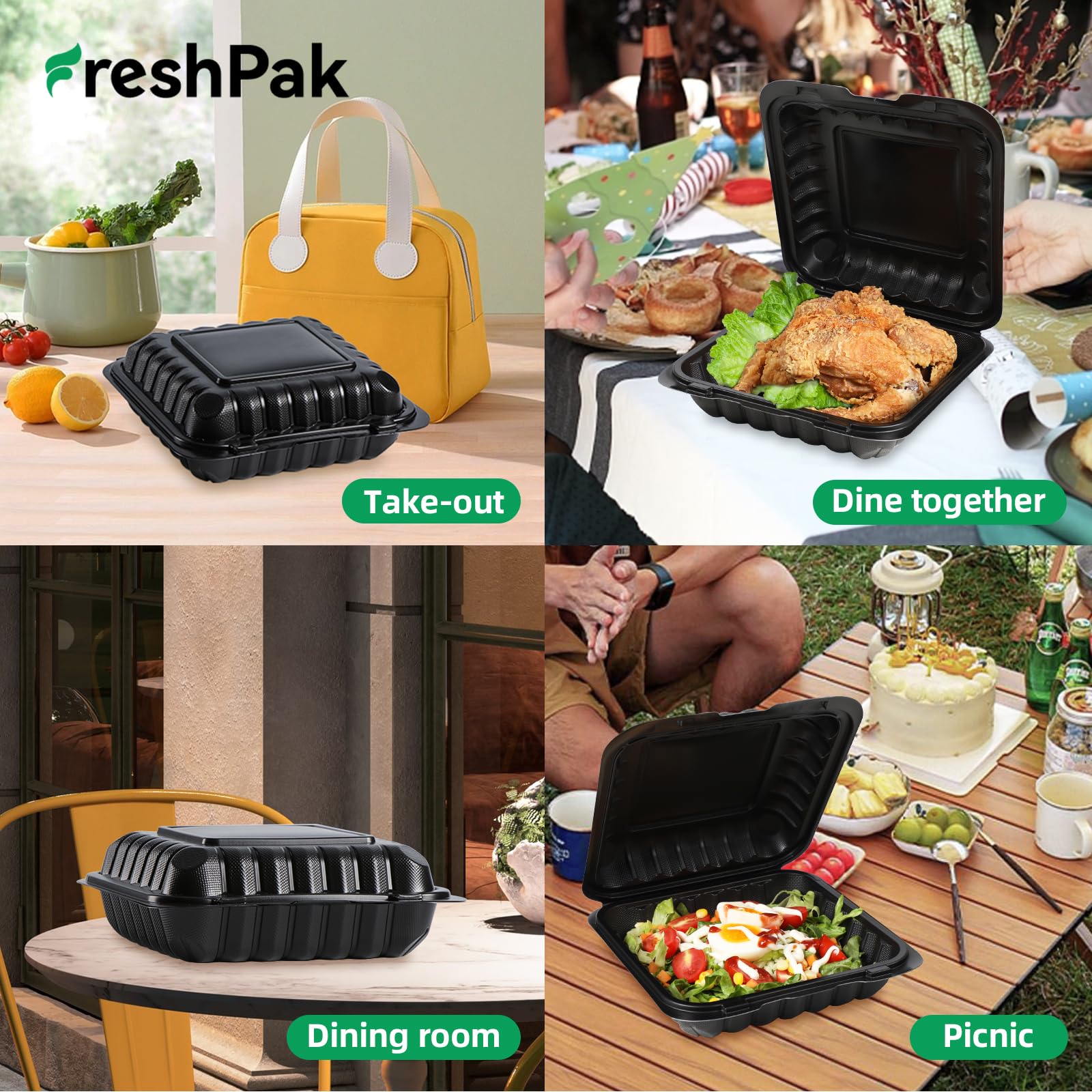 Freshpak To Go Containers, 34 Oz Plastic Black Clamshell Food Containers For Lunch 55 Pack Reusable Bpa-Free Heavy-Duty Mfpp Dis
