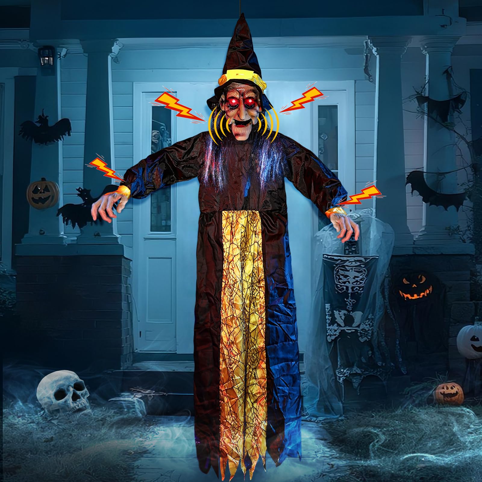 Lightess Halloween Decorations Outdoor, 6 Ft Halloween Animatronics with Creepy Sound, Light Up Eyes Hanging Witch Decor with So