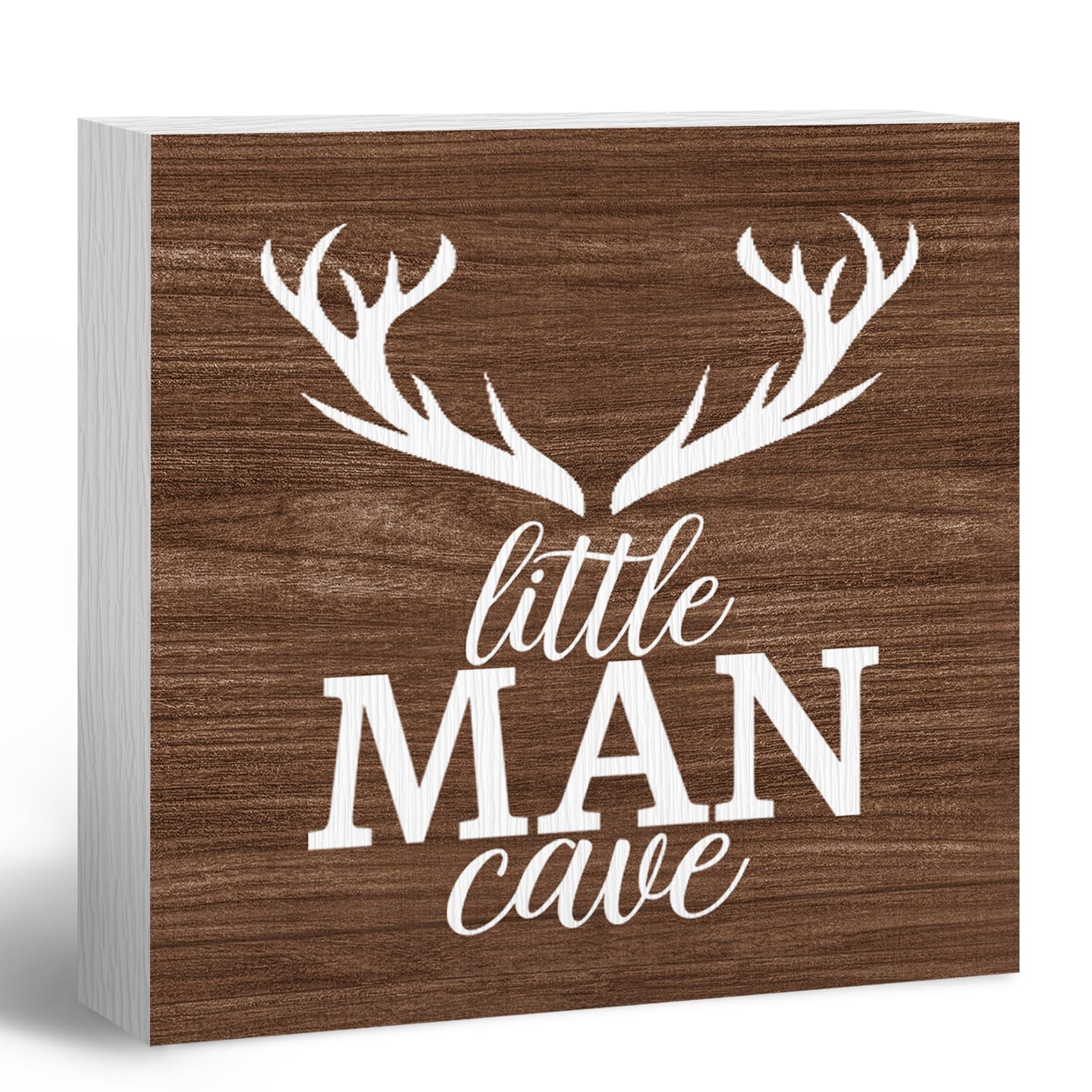 ANIANG Little Man Cave Sign for Boys, Boy Nursery Desk Decor, Vintage Rustic Farmhouse Antlers Deer Wood Block Box Sign Plaque f