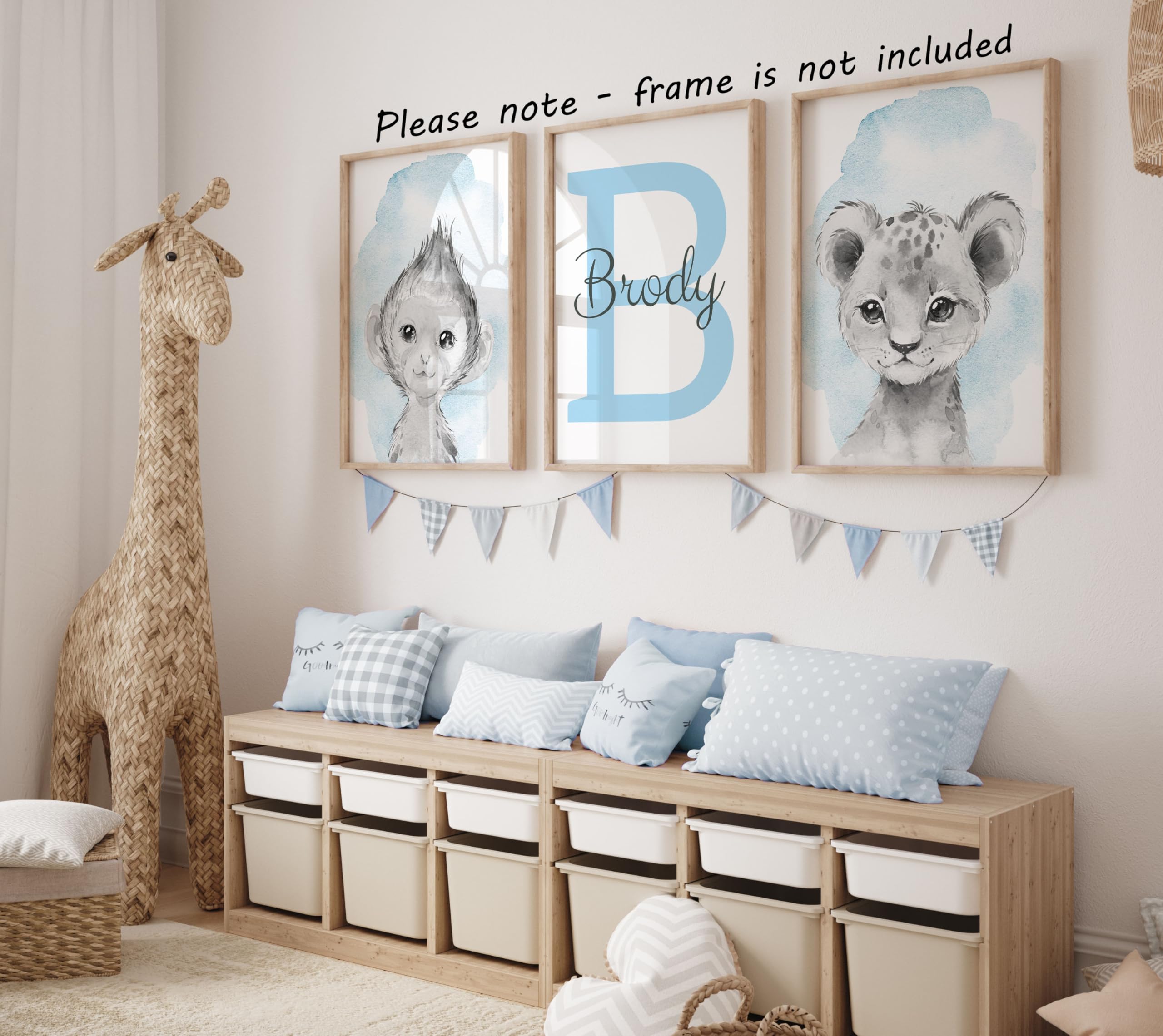 Personalized Safari Animals for Baby Boy Girl Nursery Bedroom  Unframed Set of 3 Poster Prints  Personalized Name Gray Blue Green Yellow Watercolour Splash Wall Art Decor  Gift Present  Elephant Giraffe Lion (12x16)