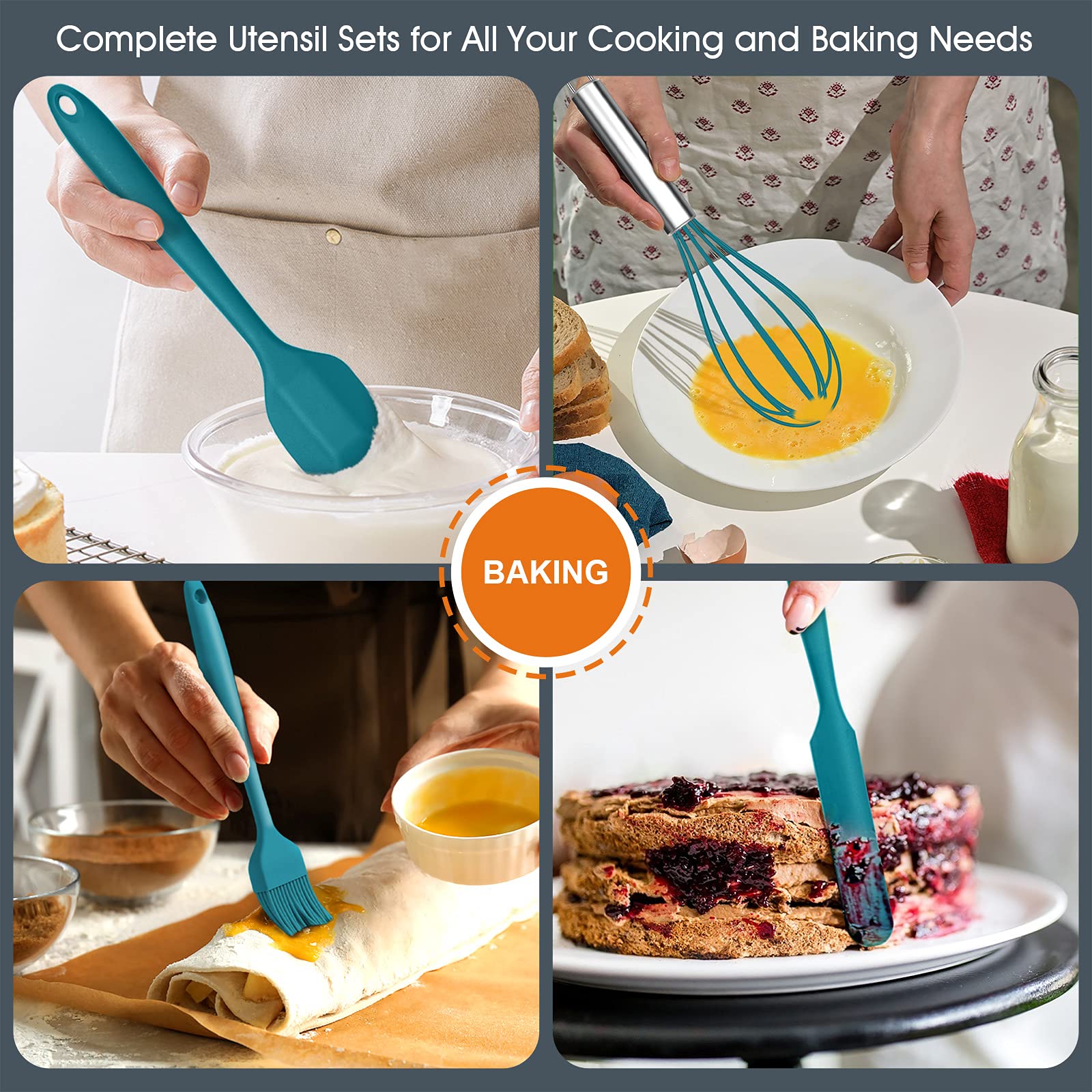 Teal Blue Kitchen Utensils Set, E-Far 15-Piece Silicone Cooking Utensils With Holder, Non-Stick Cookware Friendly & Heat Resista