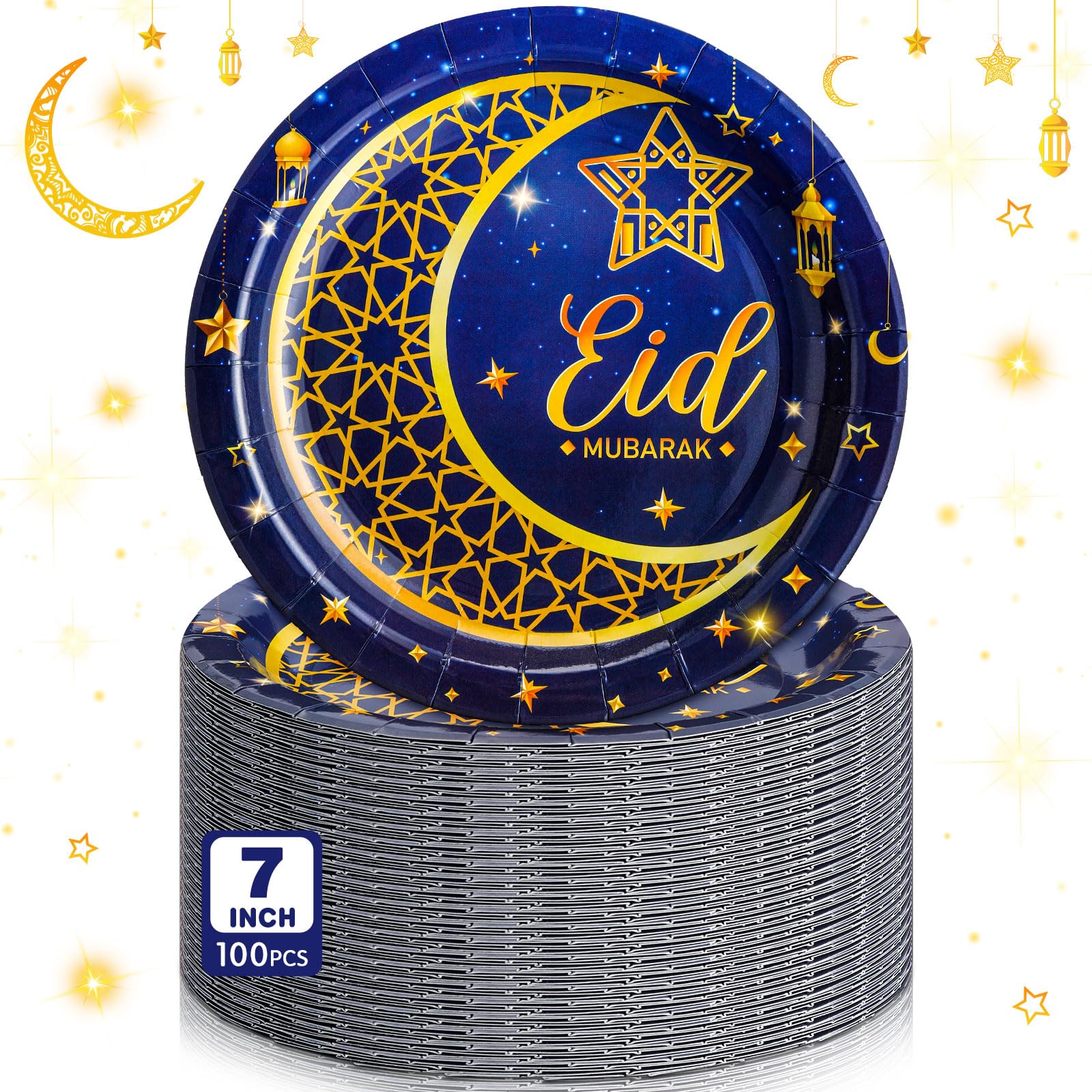 Silifine 100 Pcs Eid Al Adha Islamic Party Decorations Supplies Eid Adha Muslim Paper Plate Bulk 7 Inch Disposable Dessert Plate