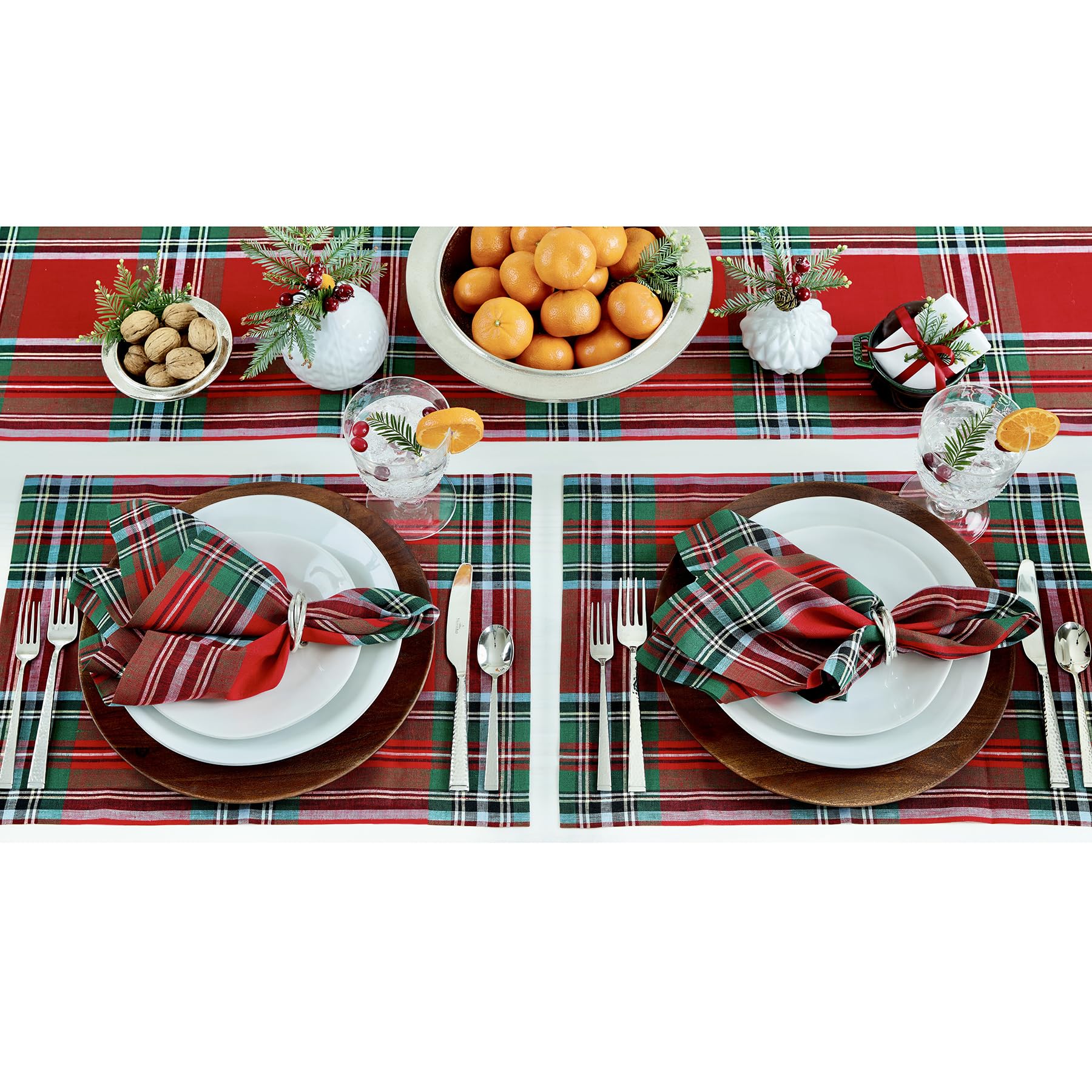 Solino Home Linen Placemats Set Of 4-100% Pure Linen Red Madras Holiday Plaid Cloth Placemats 19'' L X 14'' W Inch - Handcrafted