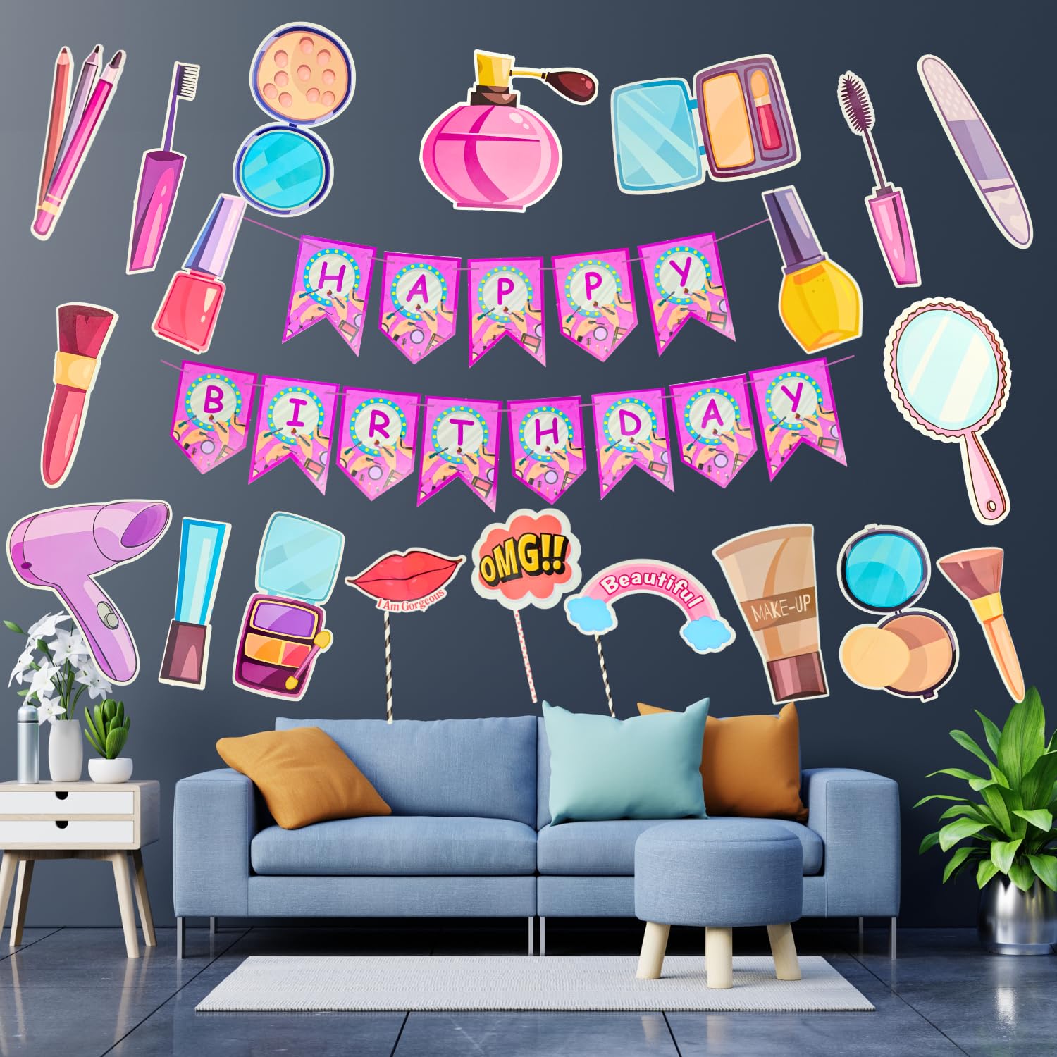 Party Decorz Makeup Party Paper Decoration Set Of 21 pcs|Happy Birthday Banner (1 Set)|Makeup Paper Cutout (17 pcs)|Props (3 pcs