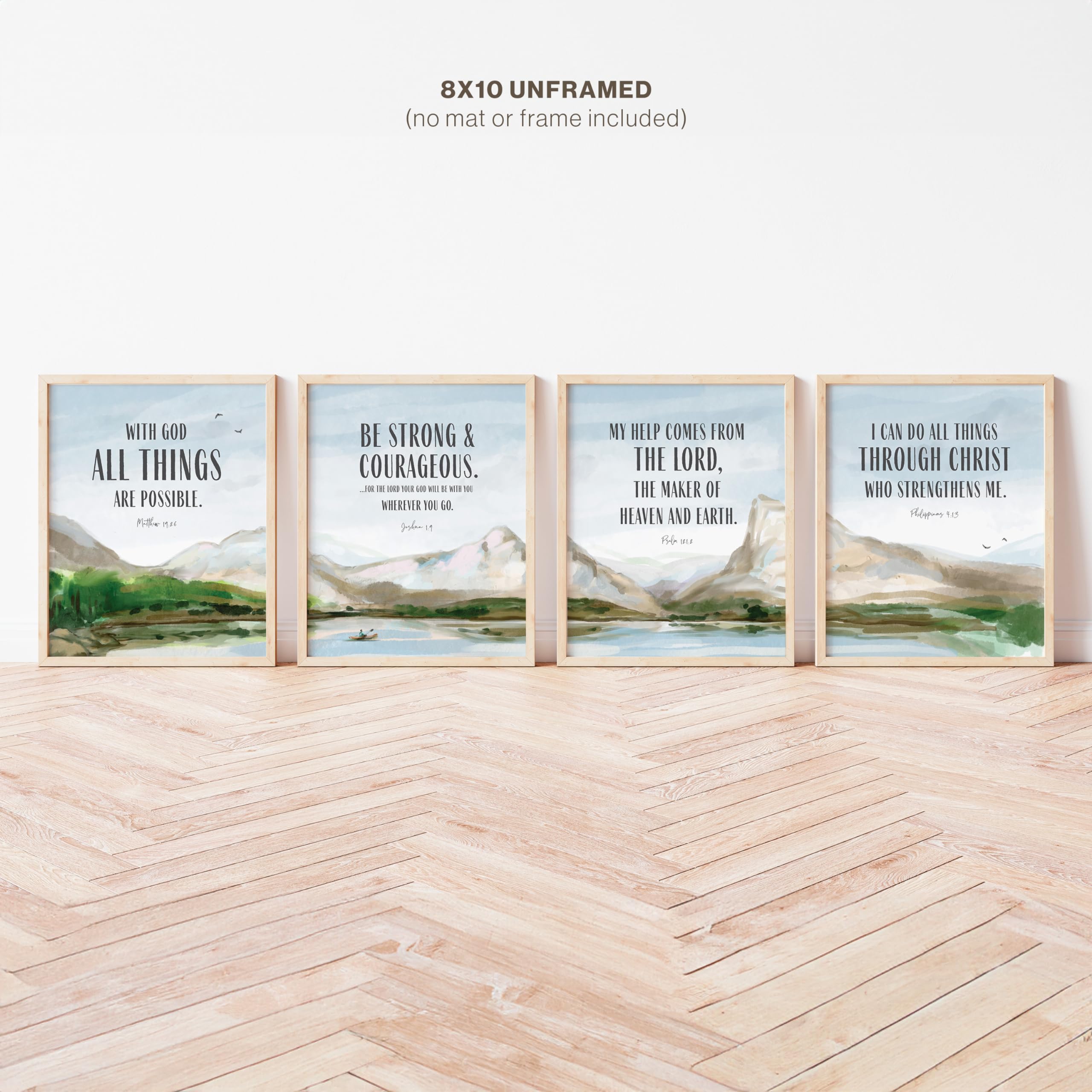 Scriptionery Inspirational Scripture Wall Art Set - 4-Piece, 8x10 Unframed Posters, Cardstock - Green/Blue/Gray/Brown, Model MOUNT-810