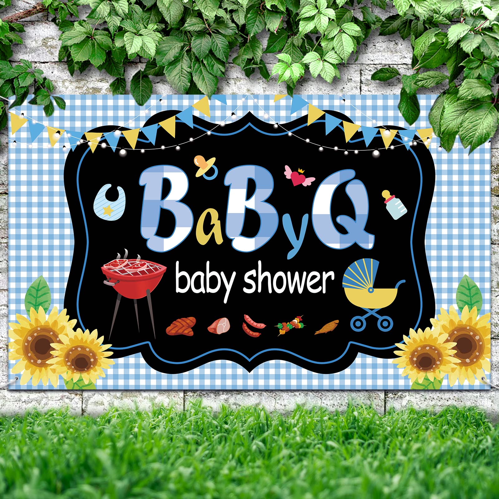 IPonfees Large Size BBQ Baby Shower Backdrop, 71x43 Inch Blue Vinyl Banner, Includes 236 Rope, Perfect for Baby Shower, Birthd