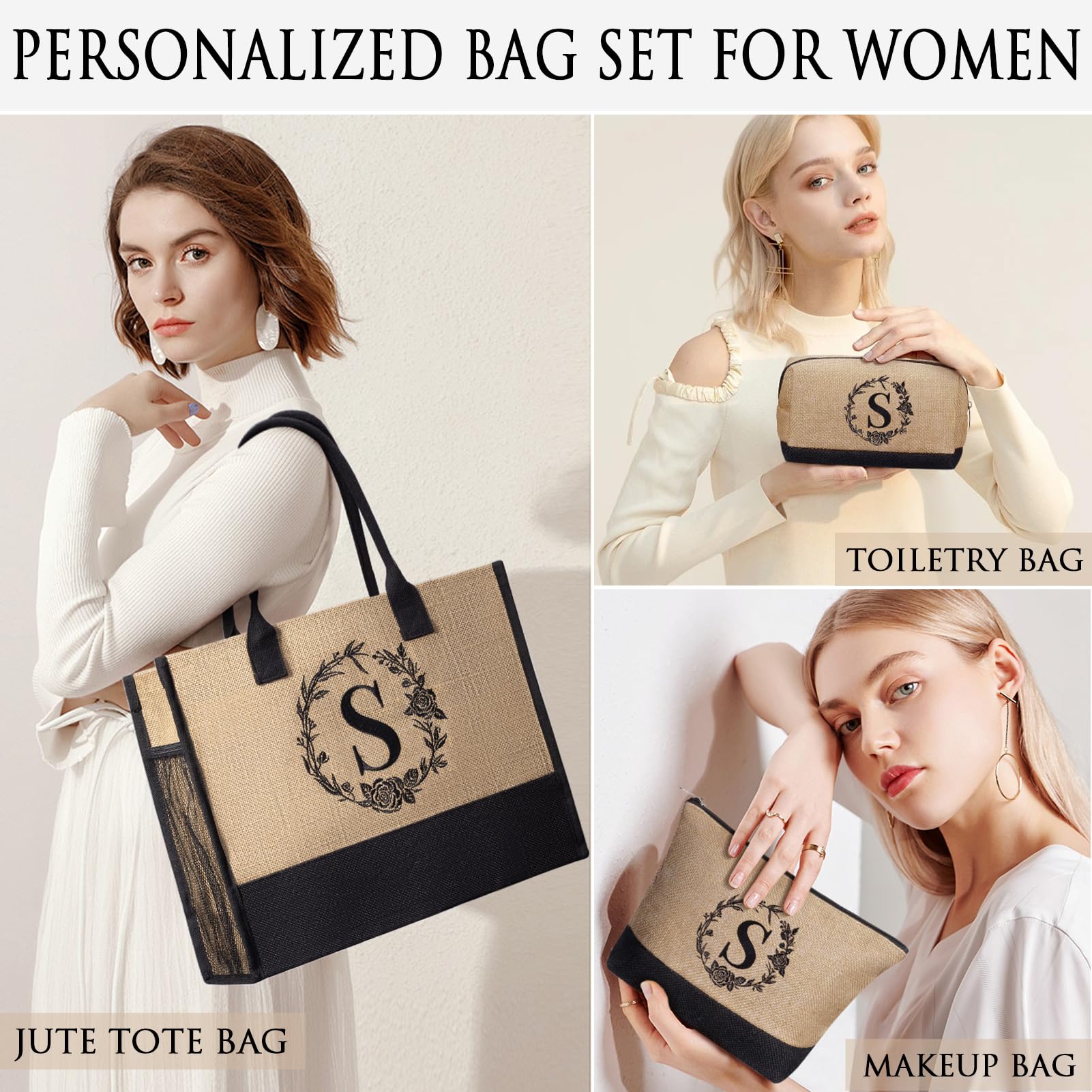 Personalized Valentines Day Gifts For Women Tote Bag, Initial Jute Tote Bag & Makeup Bags Monogrammed Beach Bag W/ Zipper, Birth