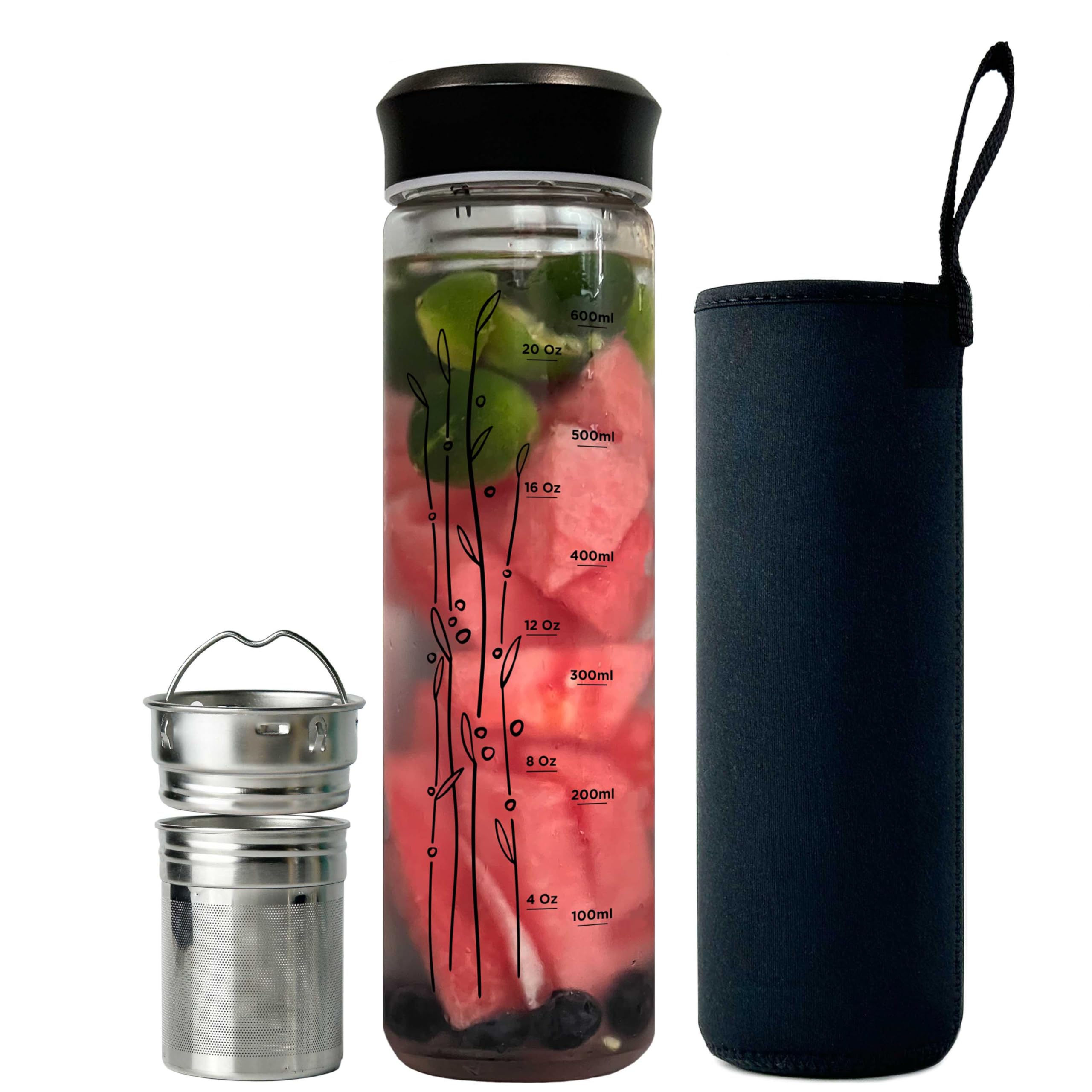 drinmoaer 23 oz Glass Water Bottle with Tea Infuser Strainer and Black Stainless Steel Lid  Tea Infuser Bottle