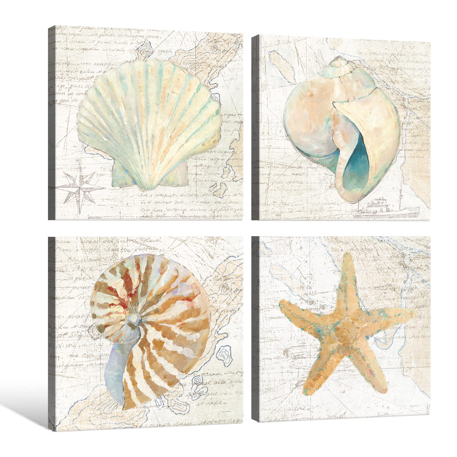 Seashell Bathroom Decor Cream Color Seashell Starfish Canvas Wall Art Nautical Decor For Livingroom Kitchen Home Walls 12x12Inchx4pcs