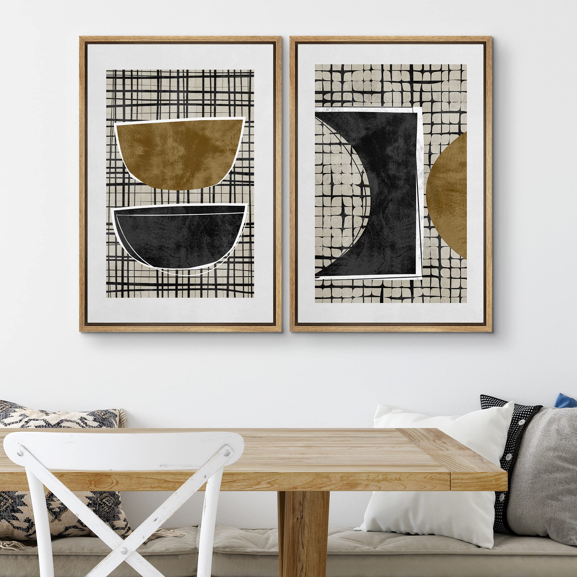 SIGNWIN Framed Canvas Print Wall Art Set Mid-Century Art Deco Dark Geometric Collage Abstract Shapes Illustrations Minimal Decorative Bohemian for Living Room  Bedroom  Office - 16''x24''x2 Natural