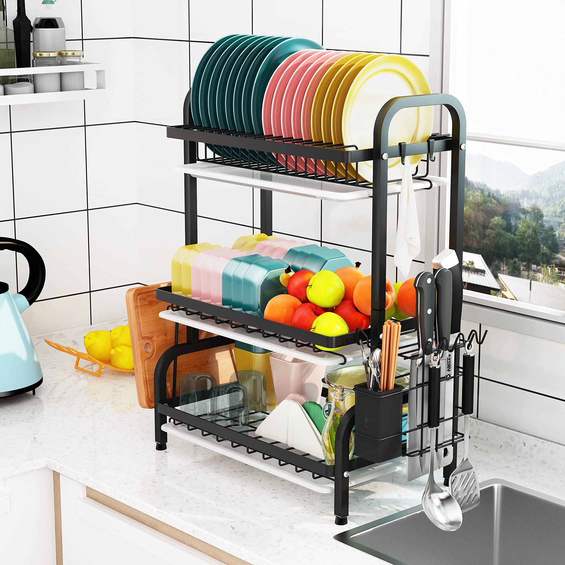 1Easylife Dish Drying Rack  3 Tier Dish Rack with Tray Utensil Holder  Large Capacity Dish Drainer with Cutting Board Holder Drain Board Tray for Kitchen Counter Organizer Storage (Black)