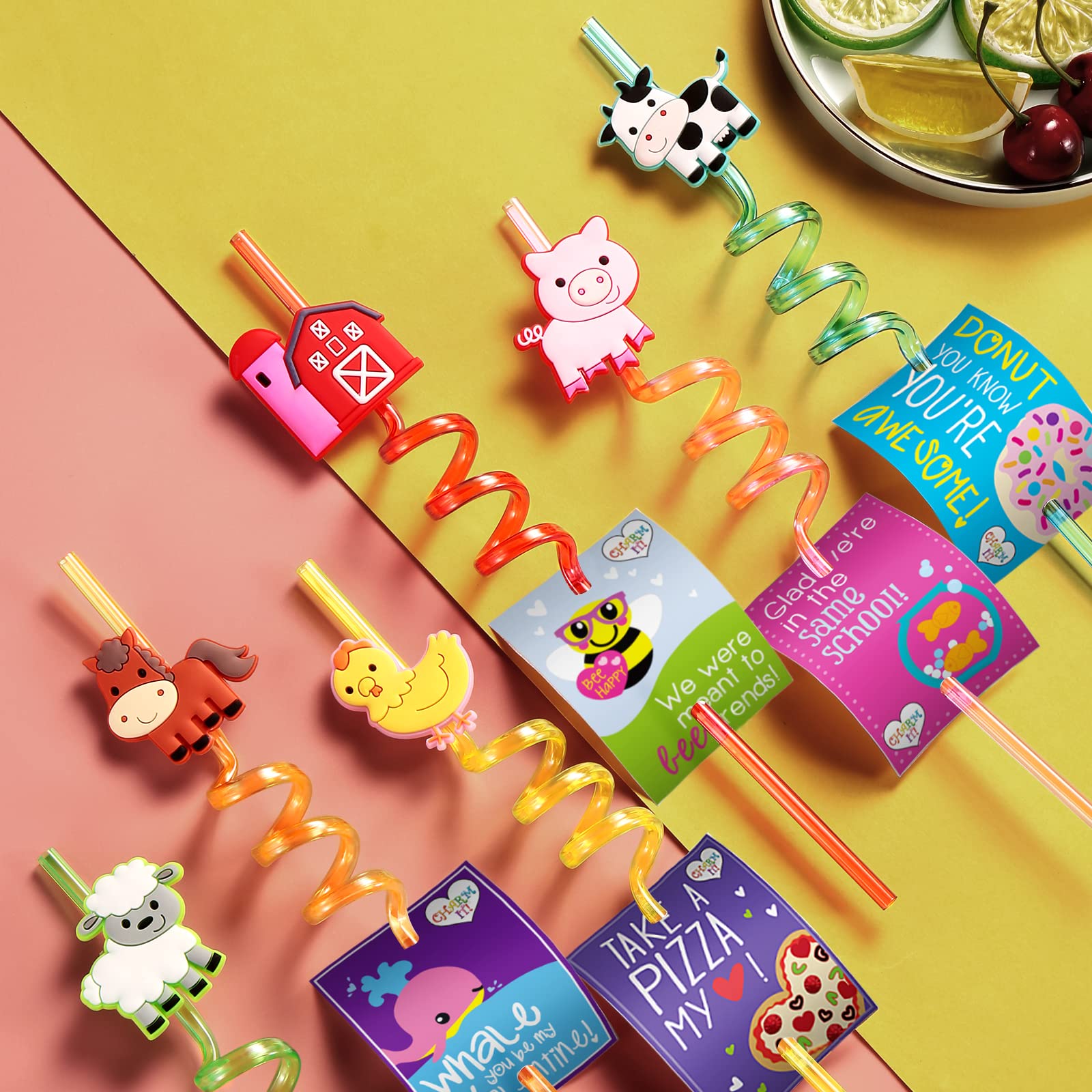 24 Reusable Farm Animal Plastic Straws Chicken Sheep Horse Cow Pig For Barnyard Farm Birthday Party Supplies Gift Favors With 2