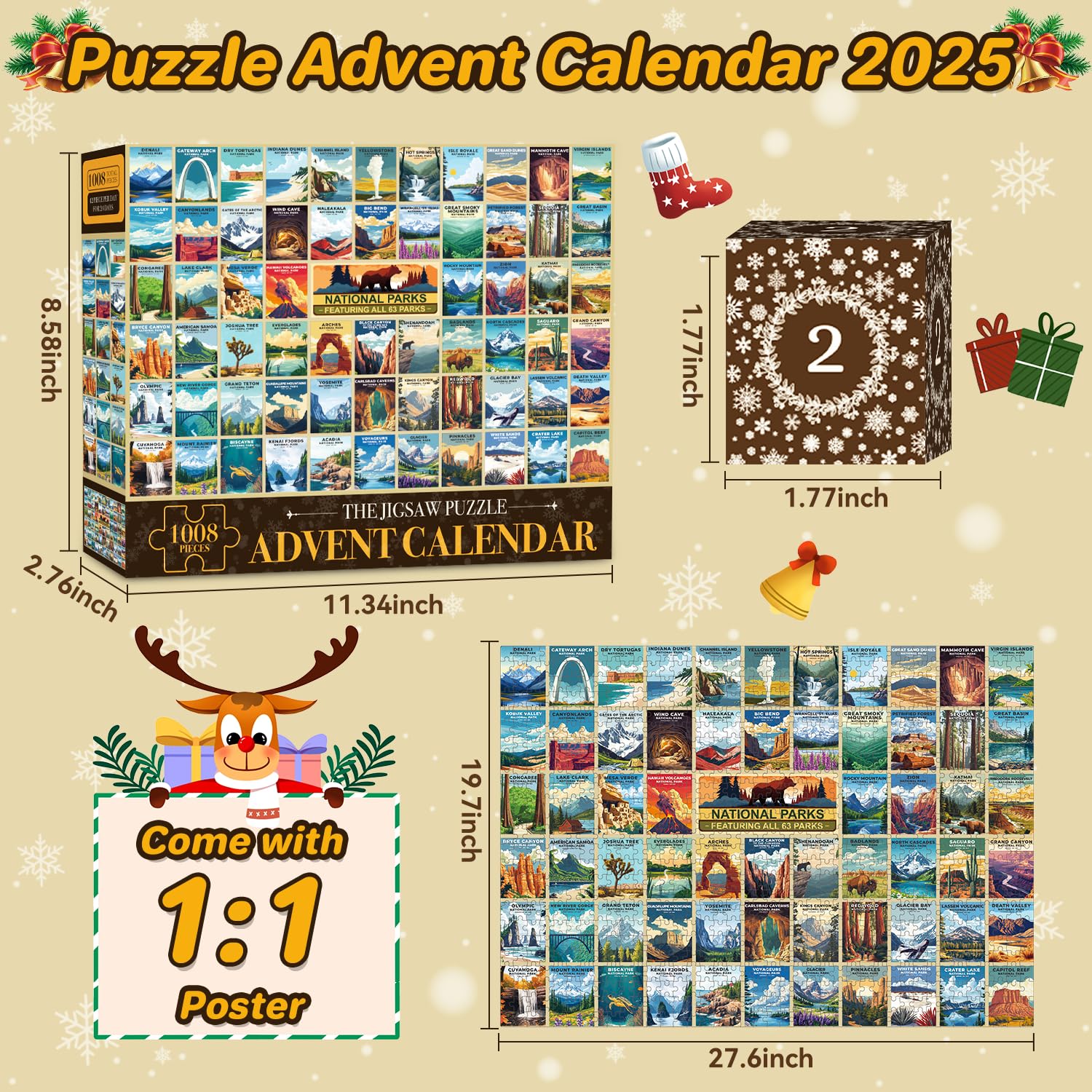 National Park Puzzle Advent Calendar 2025 Adults Teen, 1008 Pieces Coutdown to Christmas Calendar with 63 Travel Poster Landscap