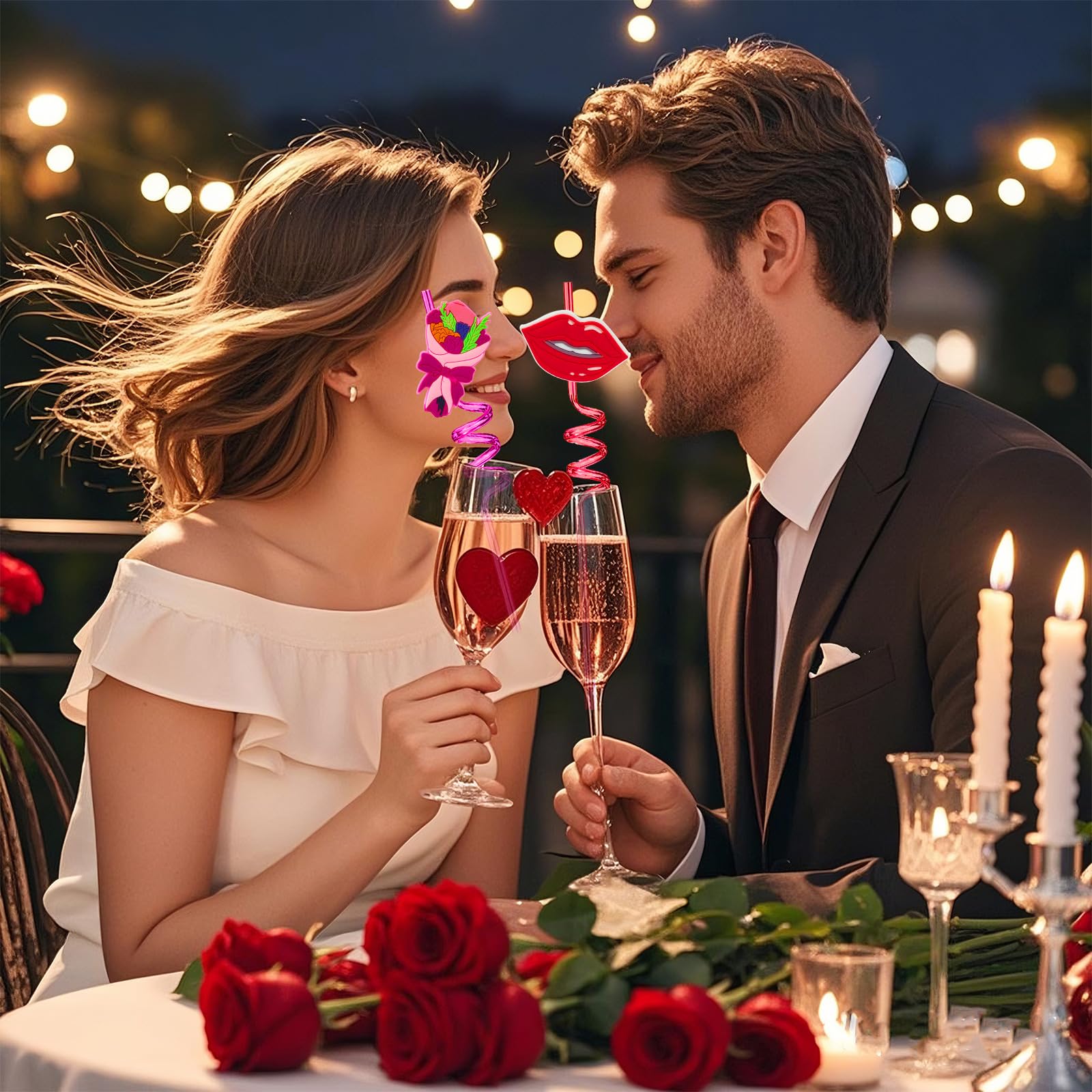24 Valentines Reusable Party Drinking Straws Birthday Party Supplies Decorations With 2 Pcs Cleaning Brushes (Valentines Rose)