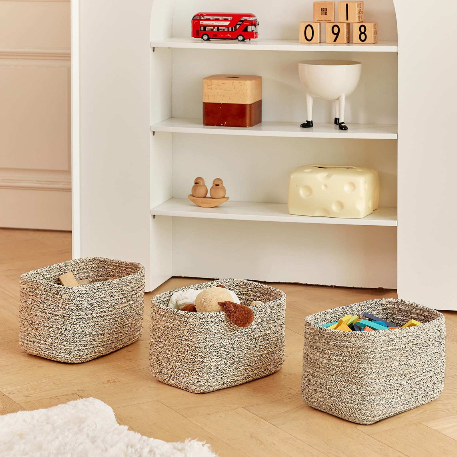R Runka Small Cotton Rope Storage Basket Set Of 3-11''X7''X7'' Perfect Woven Baskets For Storage, Ideal Storage Baskets For Orga