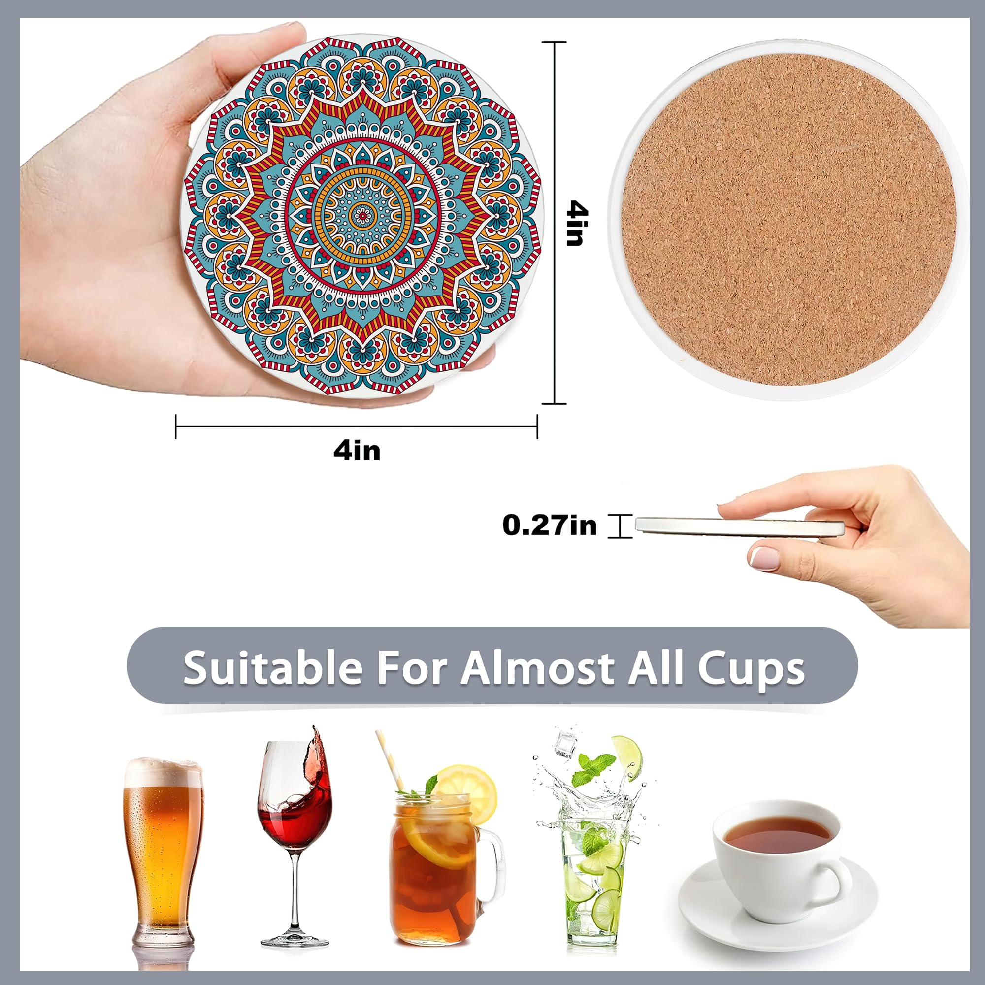 Drink Coasters Set Of 6 With Holder,Mandala Boho Flower Absorbent Ceramic Coasters With Cork Base,Fit All Cups,Tabletop Protecti