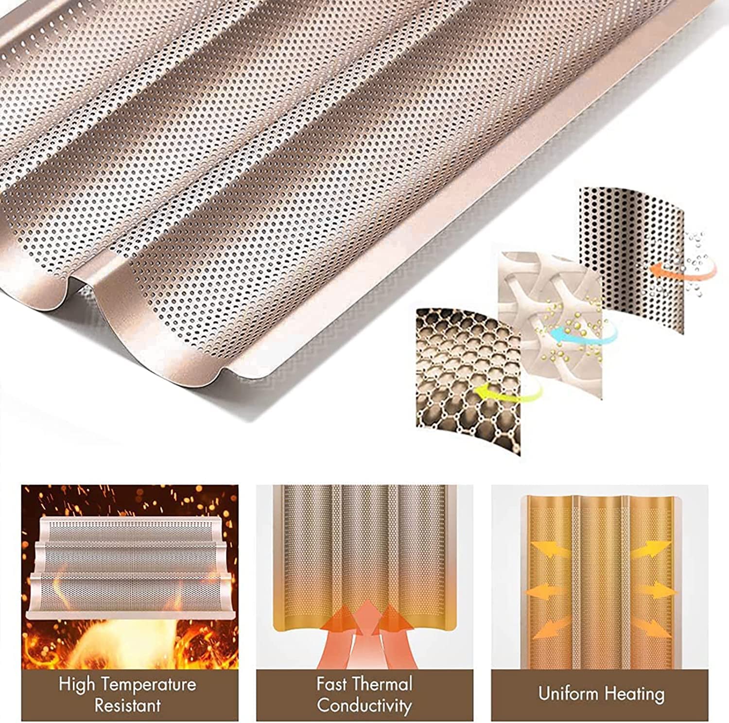 Hesanzol Baguette Pans For Baking 15'' X 11'', Carbon Steel 3 Loaf Nonstick Baguette Baking Tray For French & Italian Perforated