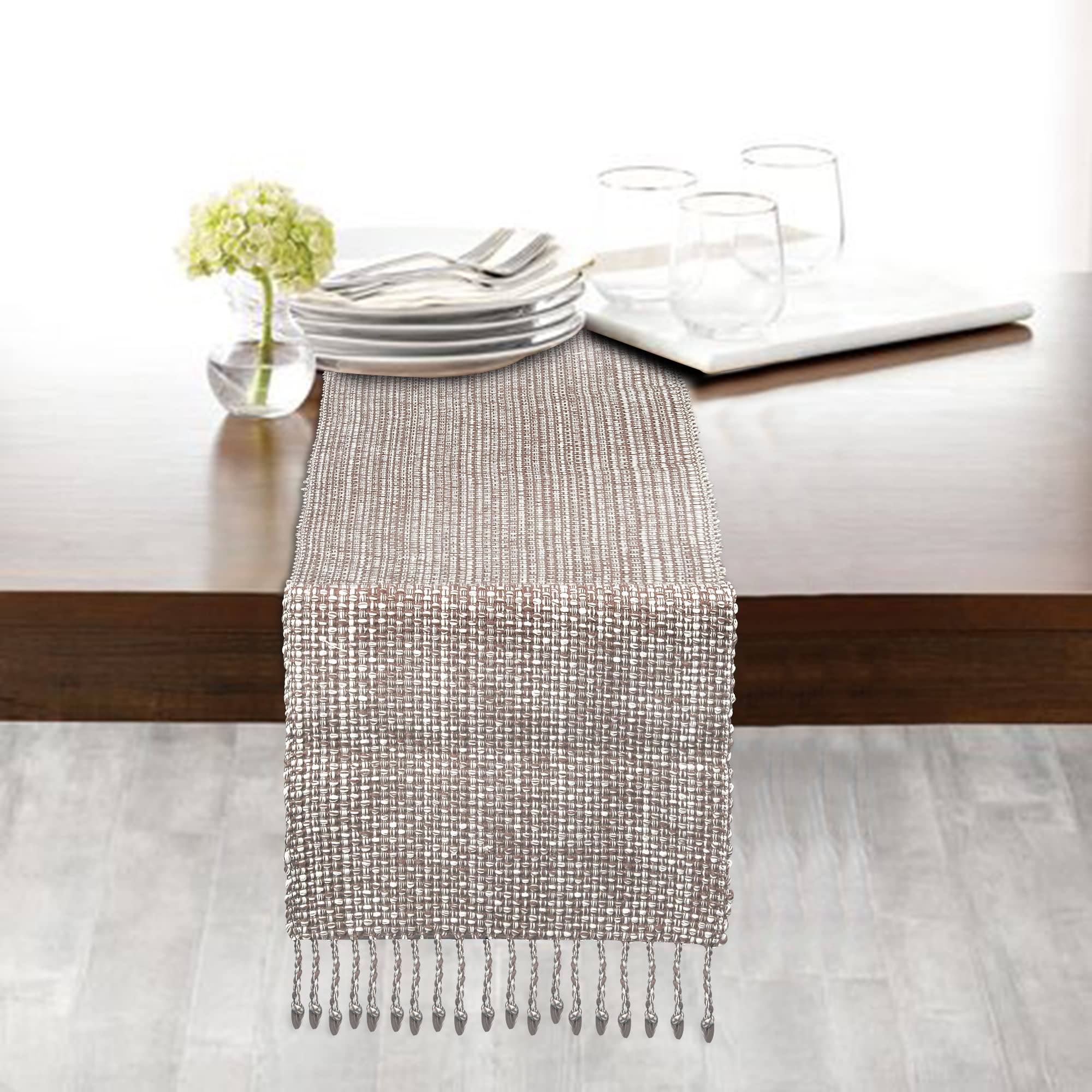 Urban Villa, 100% Cotton Two Tone Table Runner,14''X 72'' Over Sized Taupe/White Two Tone Table Runner With Fringes, Every Day U