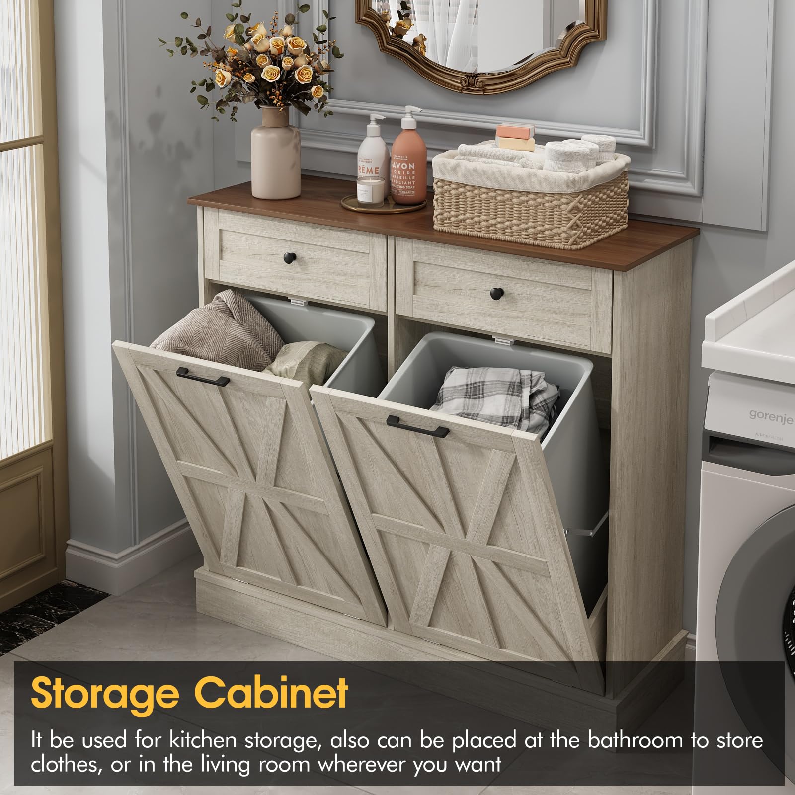 Halitaa Trash Can Cabinet, Double Tilt Out Trash Cabinet With 2 Drawers, Hidden Kitchen Trash Bin Cabinet For 10 Gallon Garbage