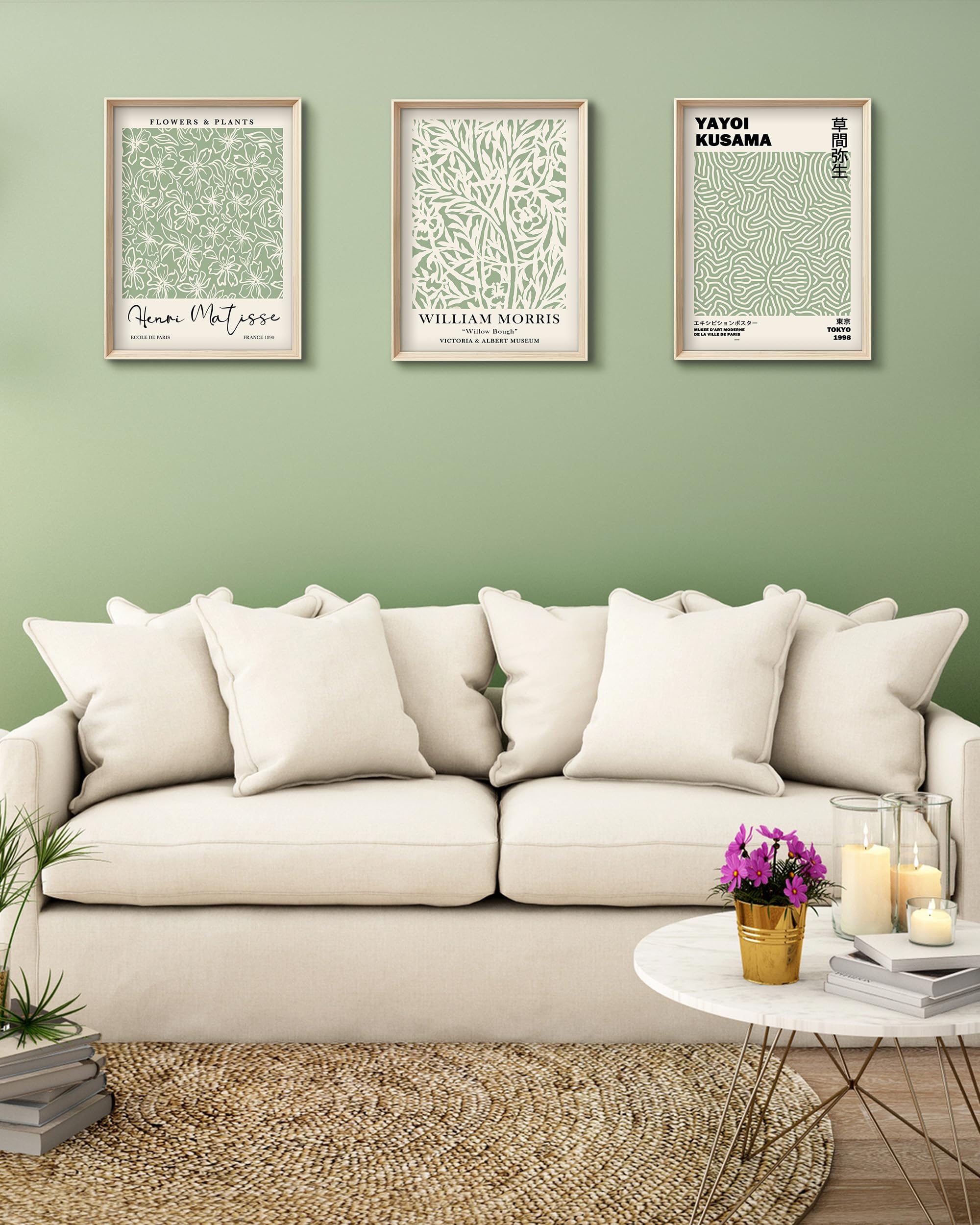 Hesendot Framed Matisse Sage Green Wall Art,William Morris Canvas Wall Decor,16X12In High Framed Wood Design Prints,Minimalist C