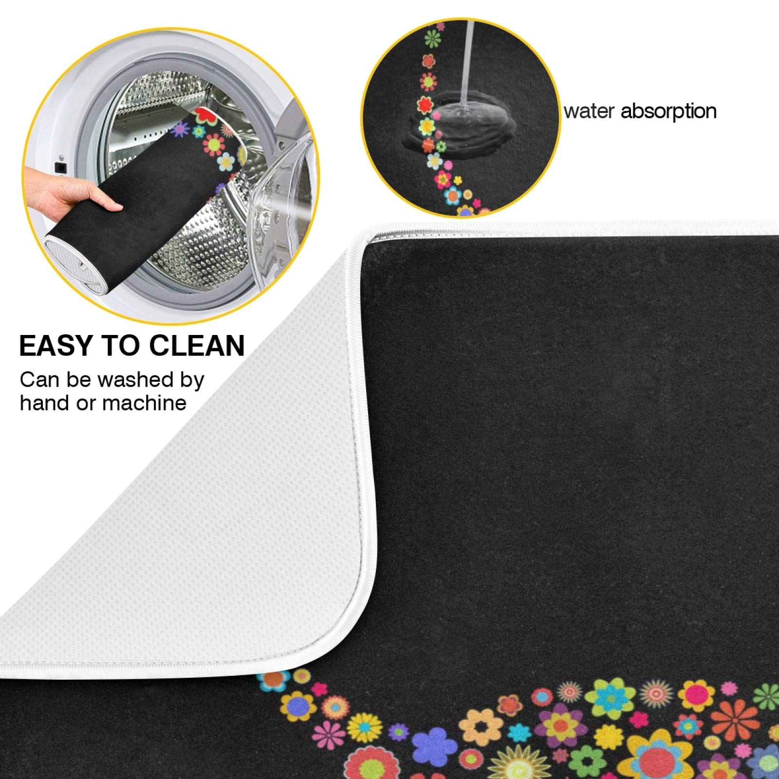 ZzWwR Microfiber Flower Cat Dish Drying Mat, 16"x18", Black, Multi-Purpose Kitchen Counter Protector