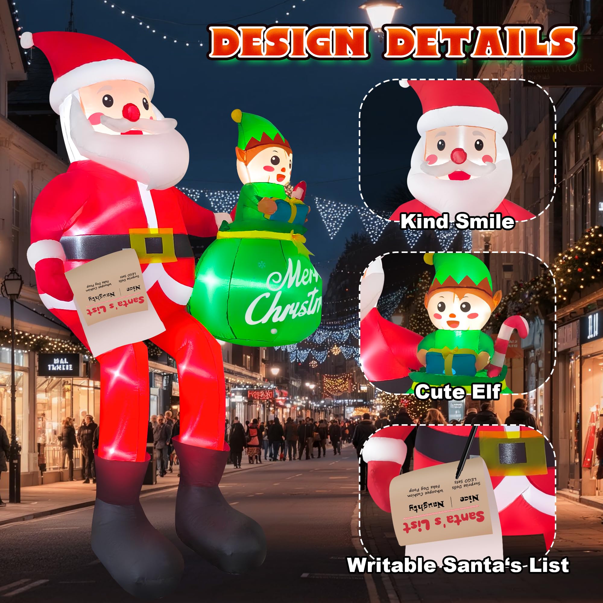 CORALMEE 10 FT Christmas Inflatables Santa Claus, Christmas Blow Up Yard Decorations with Built-in LEDs & Elf, Climbing Santa In