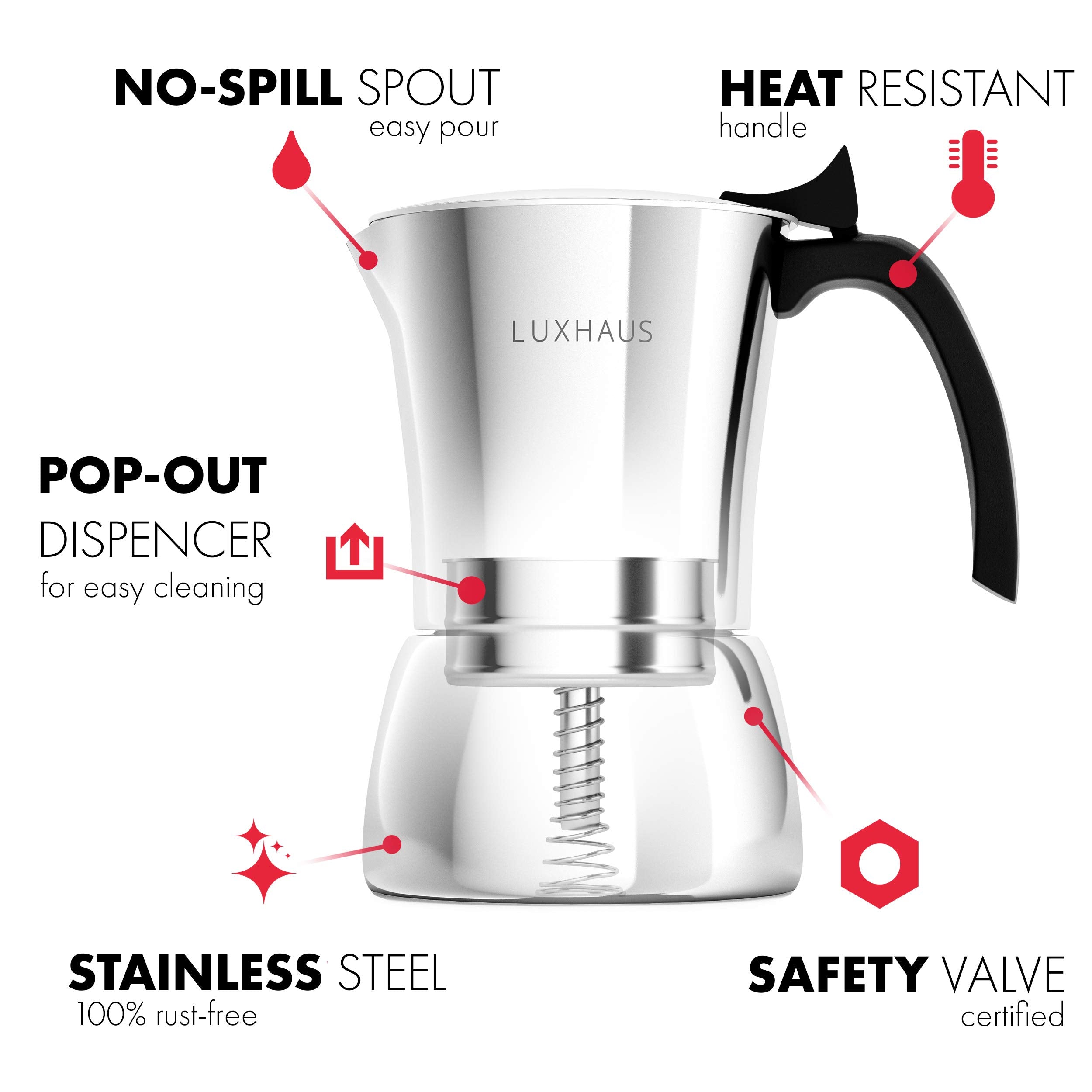 LUXHAUS Moka Pot - 6 Cup Stovetop Espresso Maker - 100% Stainless Steel Italian and Cuban Mocha Coffee Maker