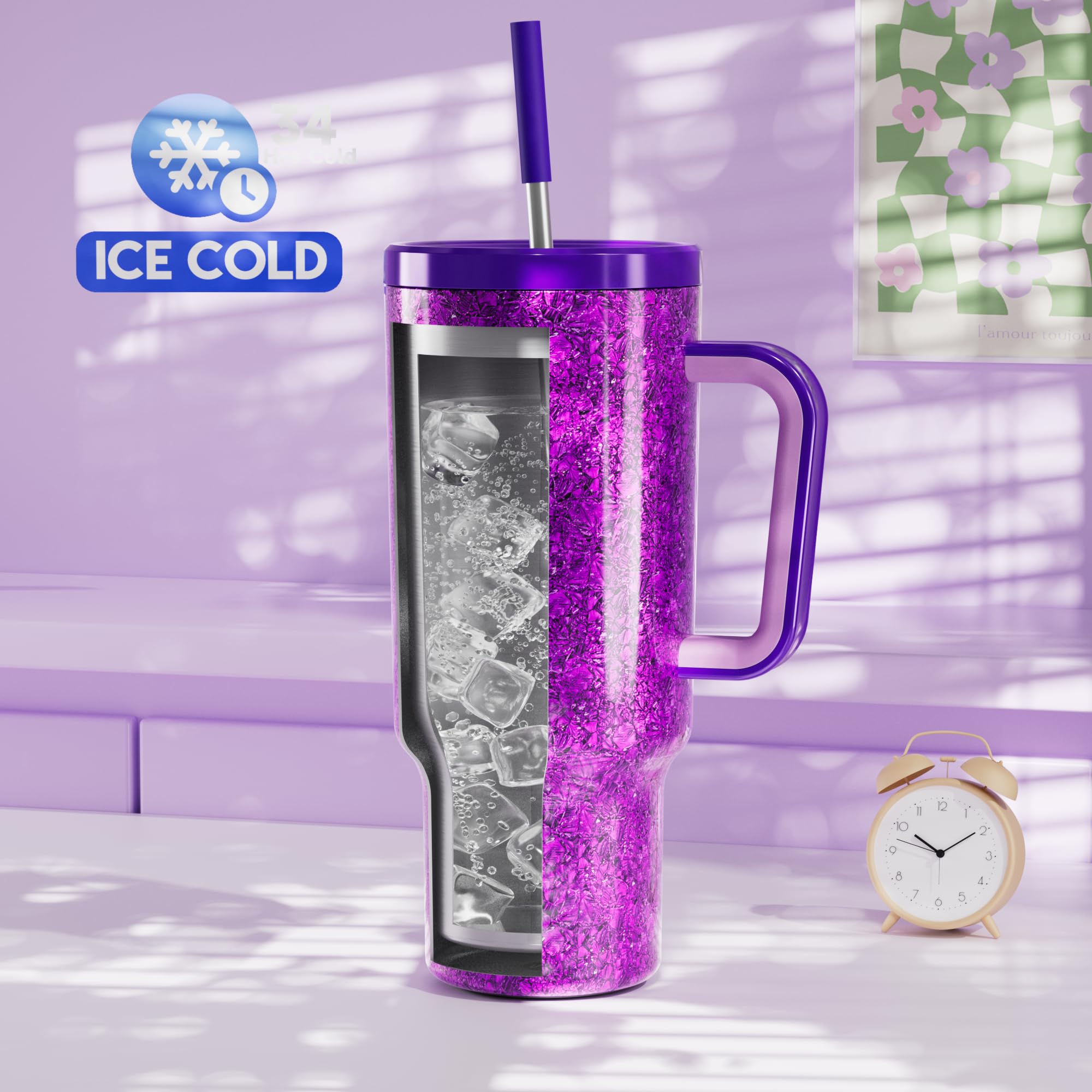 Meoky Tumbler with Handle and Straw for Women: 40 oz Stainless Steel Insulated Tumbler with Lid and Straw 100% Leakproof for Car