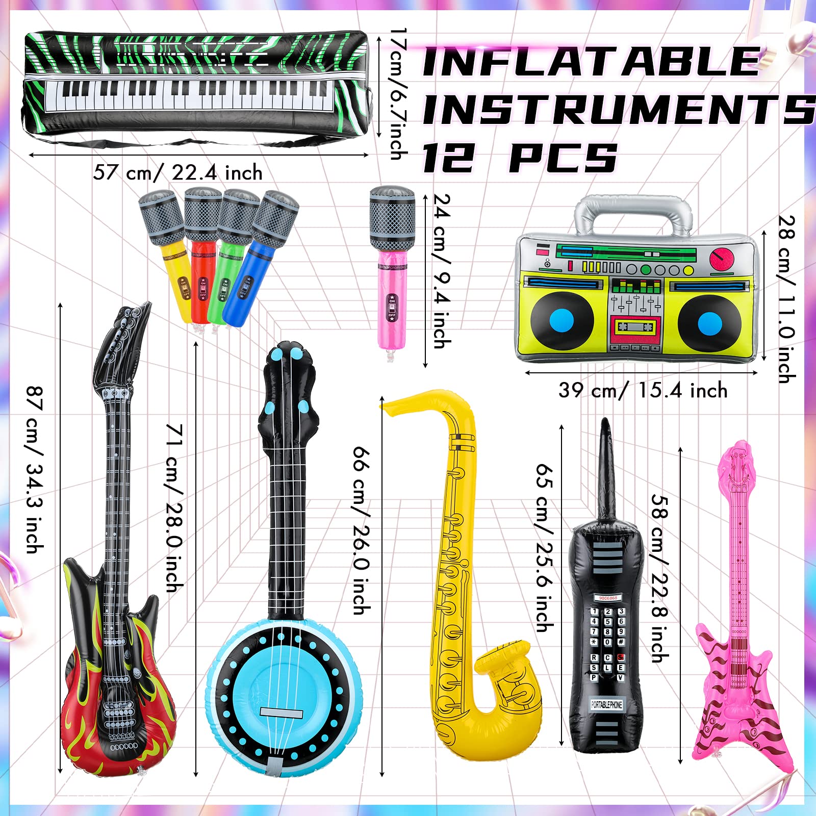 12 Pieces Inflatable Instruments Party Props Rock Star Toy Set Blow Up Guitars Inflatable Saxophone Bass Lute Microphones Mobile