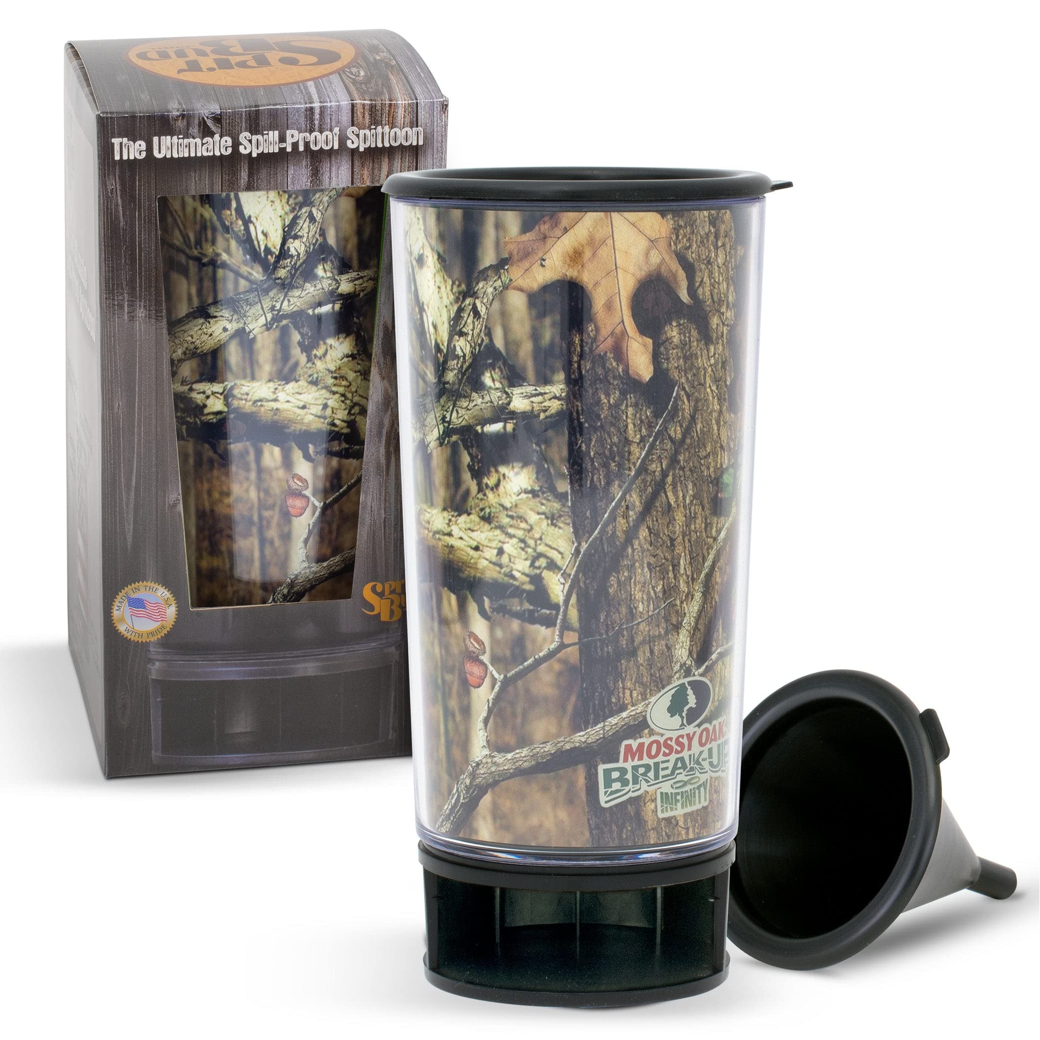 Spit Bud Mossy Oak Break-Up Infinity Ultimate Spittoon Chew - Portable Dip & Snuff Cup With Lid, Pop Tab, Spill-Proof Funnel, Ca