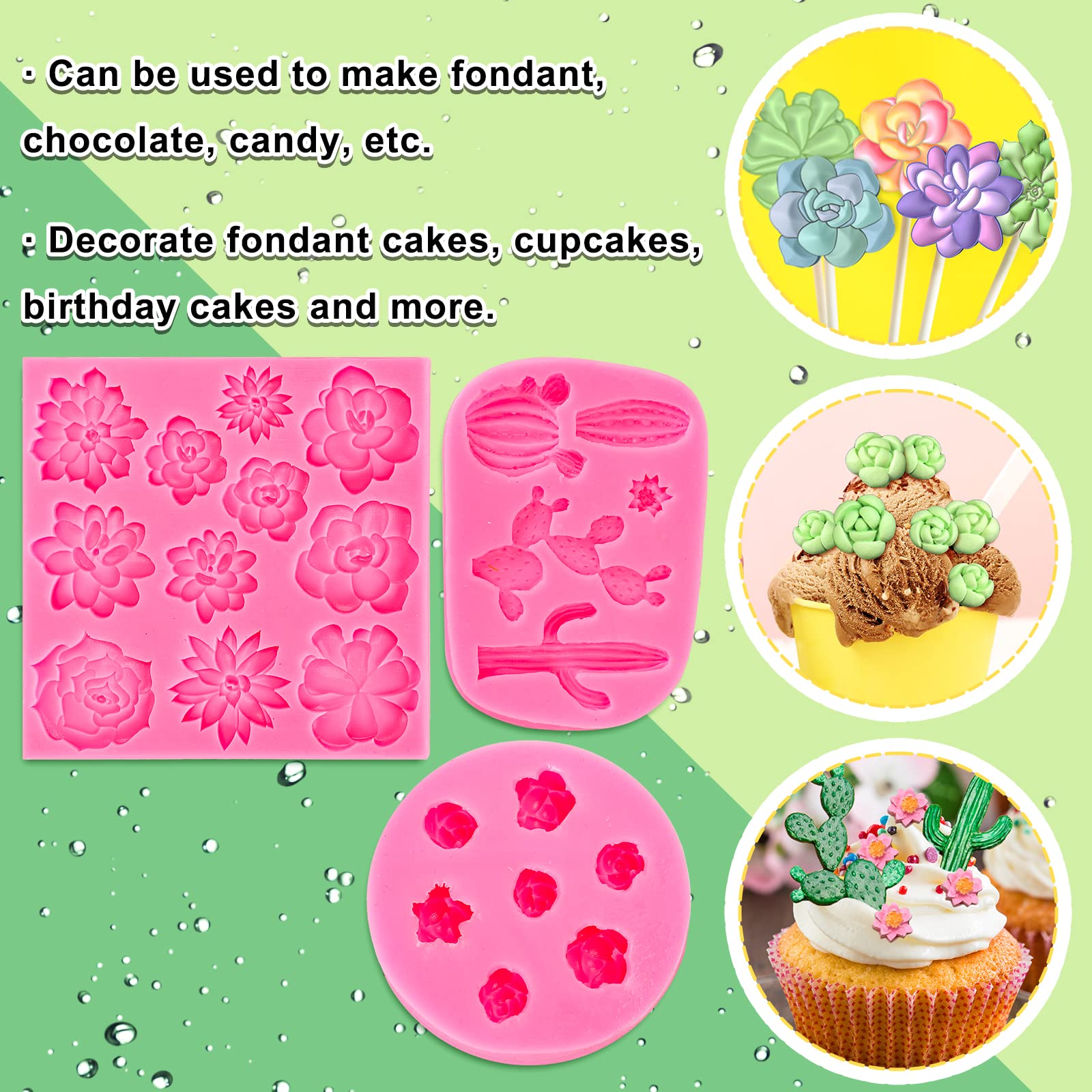 Whaline Succulent Fondant Molds 3D Silicone Cactus Succulents Leaves Moulds Succulent Plants Resin Molds Grow Plant Cupcake Cook