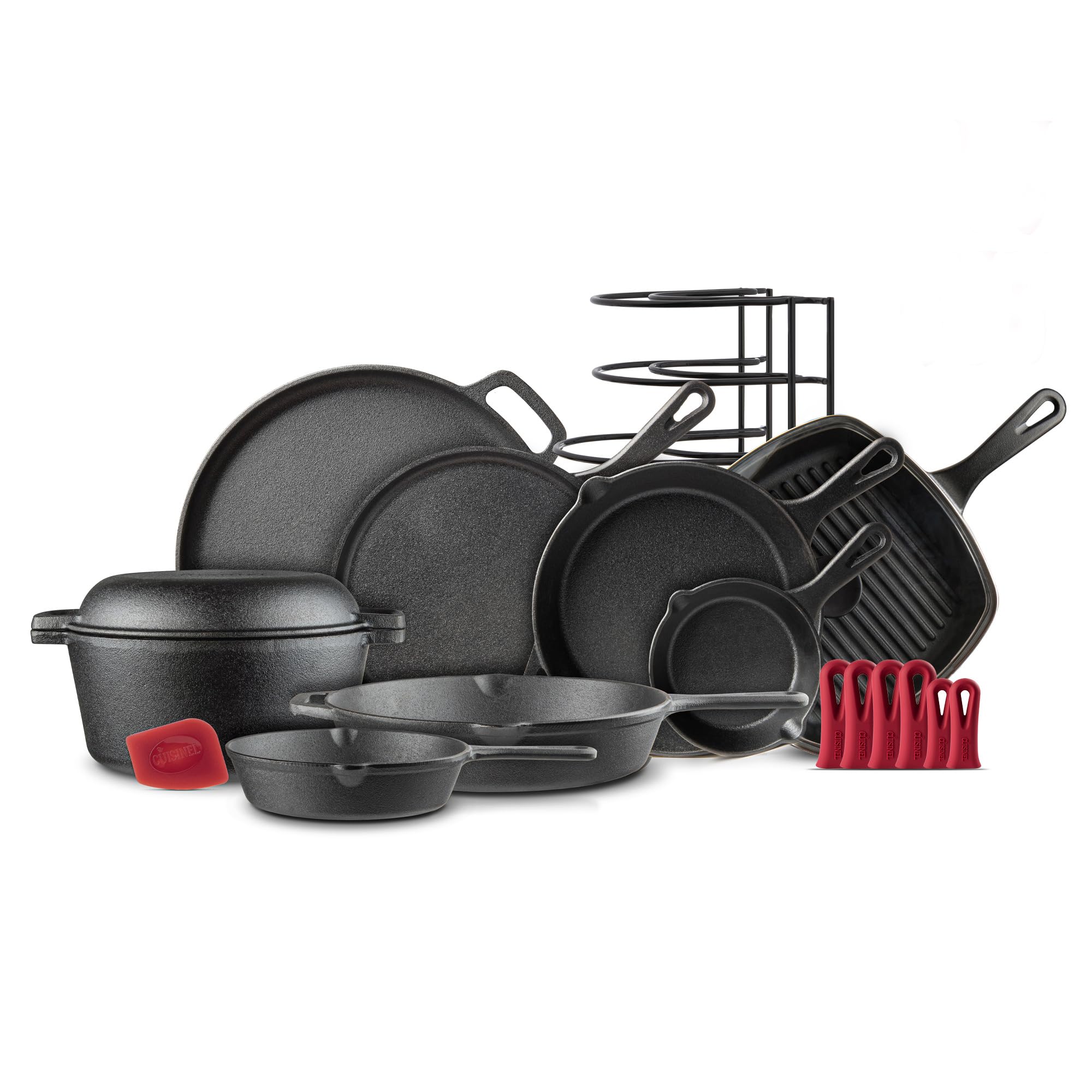 Cuisinel Cast Iron Cookware 18-Piece Set - Pre-Seasoned 6 + 8 + 10 + 12 Skillet + Grill Pan+Lid + Griddle + Pizza Pan + Dutch Ov