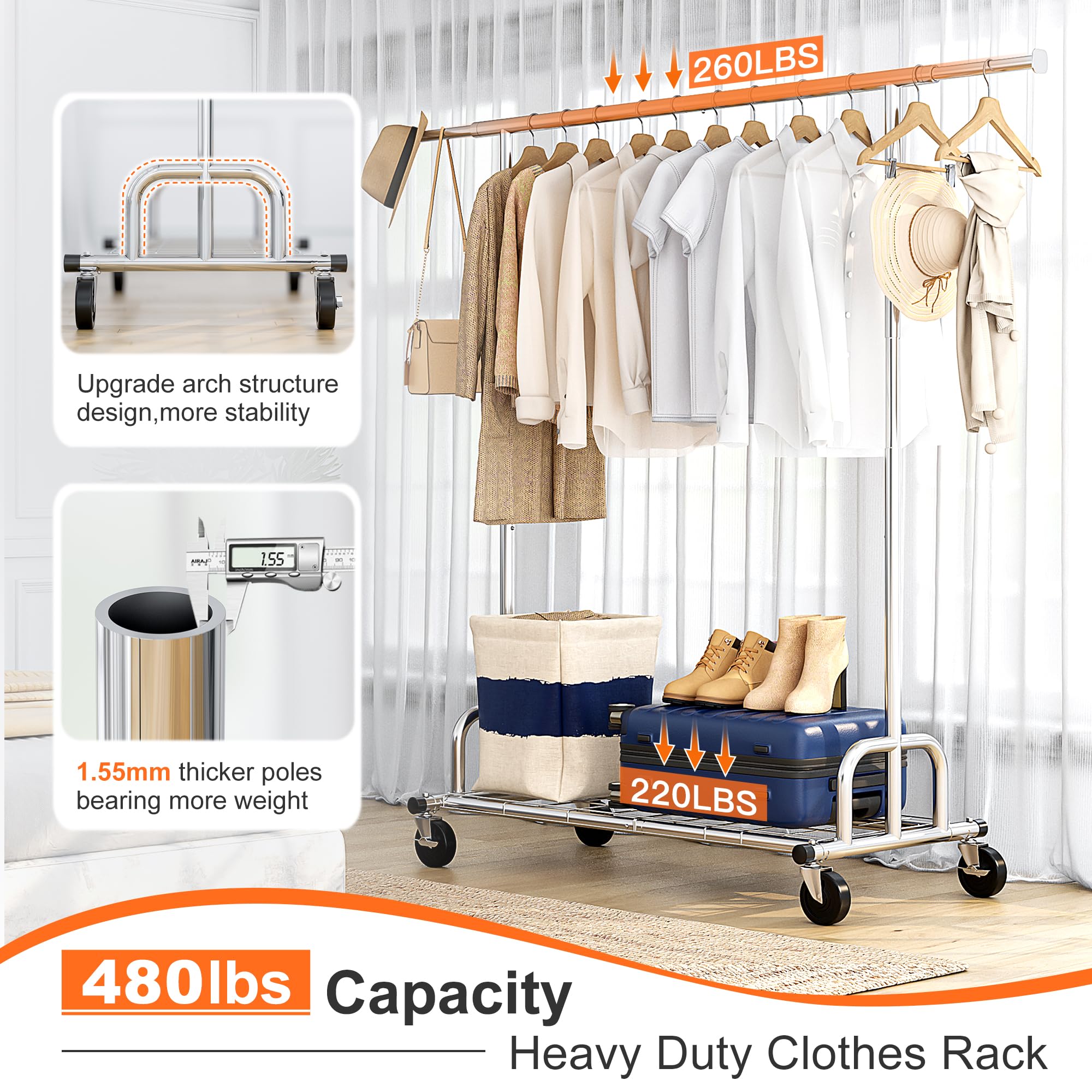 Raybee Clothing Rack Loads 480Lbs,Clothing Racks For Hanging Clothes,Adjustable Rolling Clothes Rack With Wheels,Garment Rack He