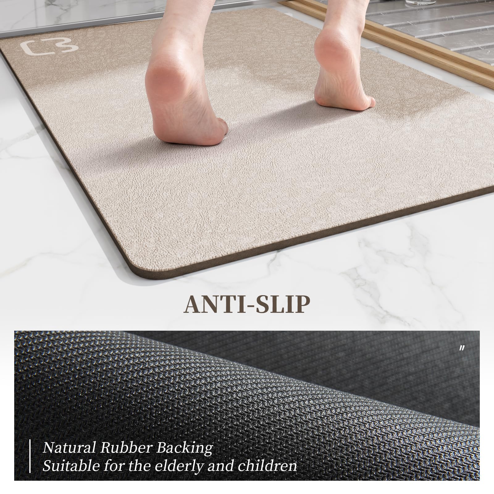 Taupe Bath Mat Rugs 17 X 32 - Quick Dry Super Absorbent Diatomaceous Earth Bath Mat Non Slip Rubber Bottom Thin Bathroom Mat Fit