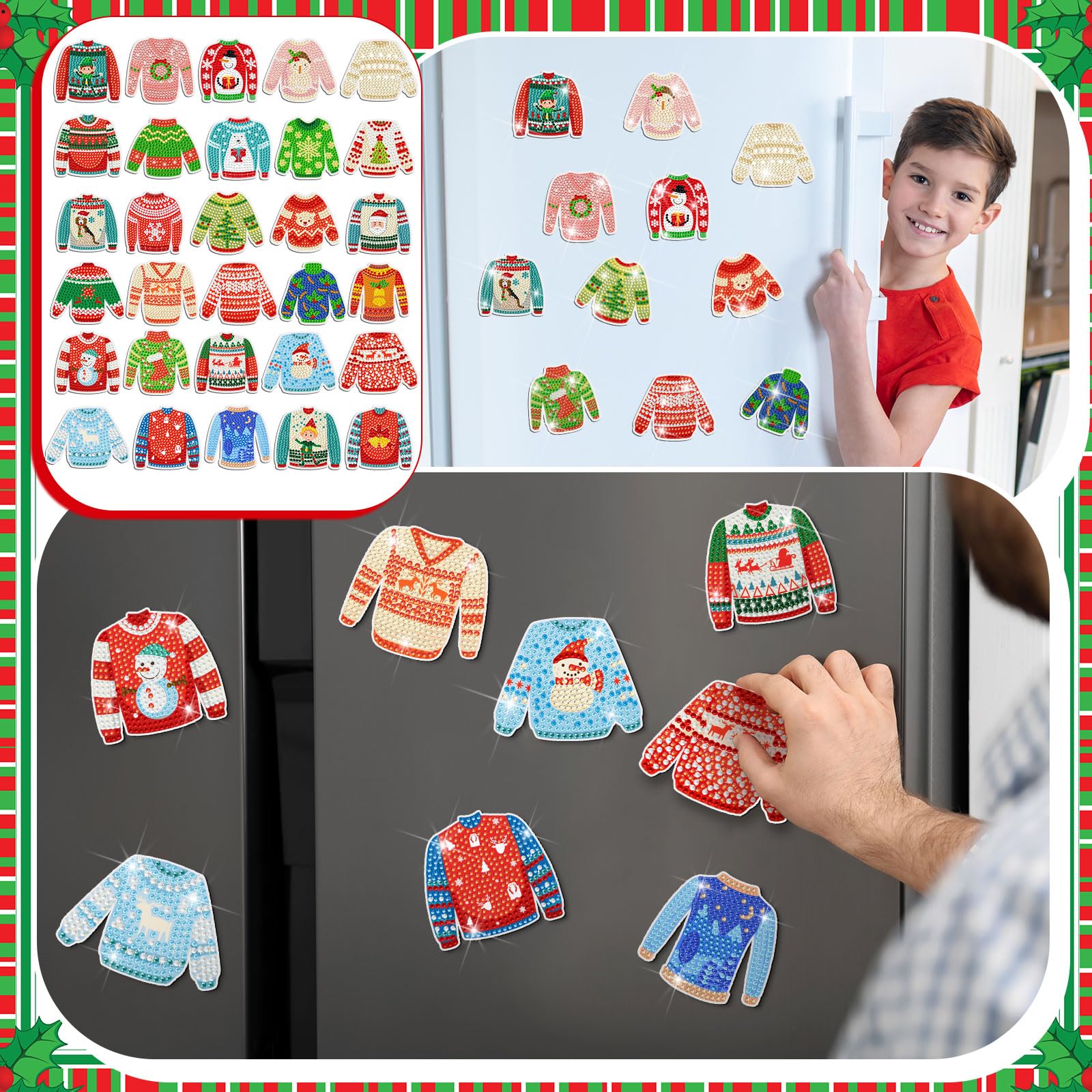 Motipuns 30 Pcs Christmas Magnetic Diamond Art Decor Holiday Ugly Sweater Diamond Magnets Kits Winter Fridge Magnet Refrigerator