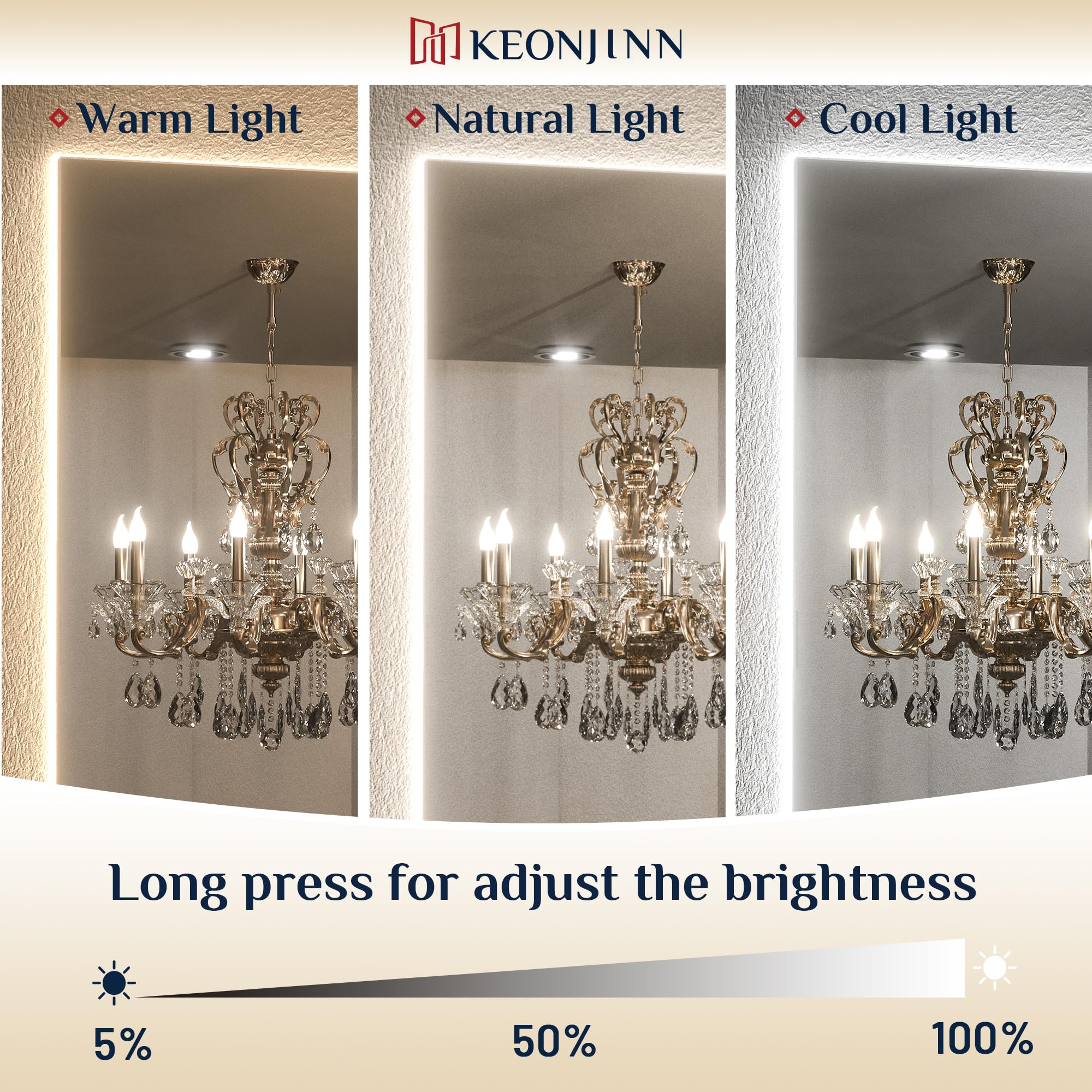 Keonjinn 28 x 36 Inch LED Backlit Mirror Bathroom Lighted Vanity Mirror, 3 Colors Warm/Natural/White Lights High Lumens 5573LM,