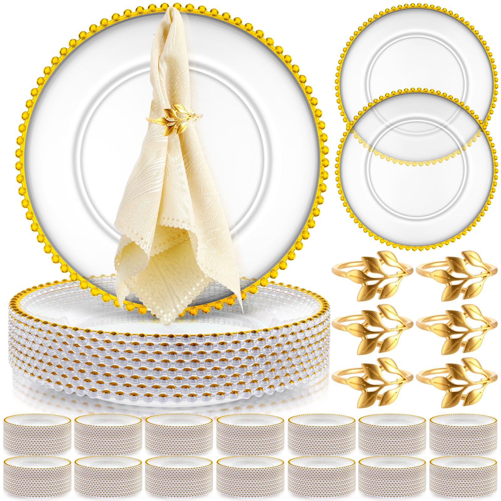 Bokon 50 Set Clear Charger Plates Bulk 13 Inch Beaded Plastic Charger Plates with Napkin Rings Acrylic Round Dinner Table Decora