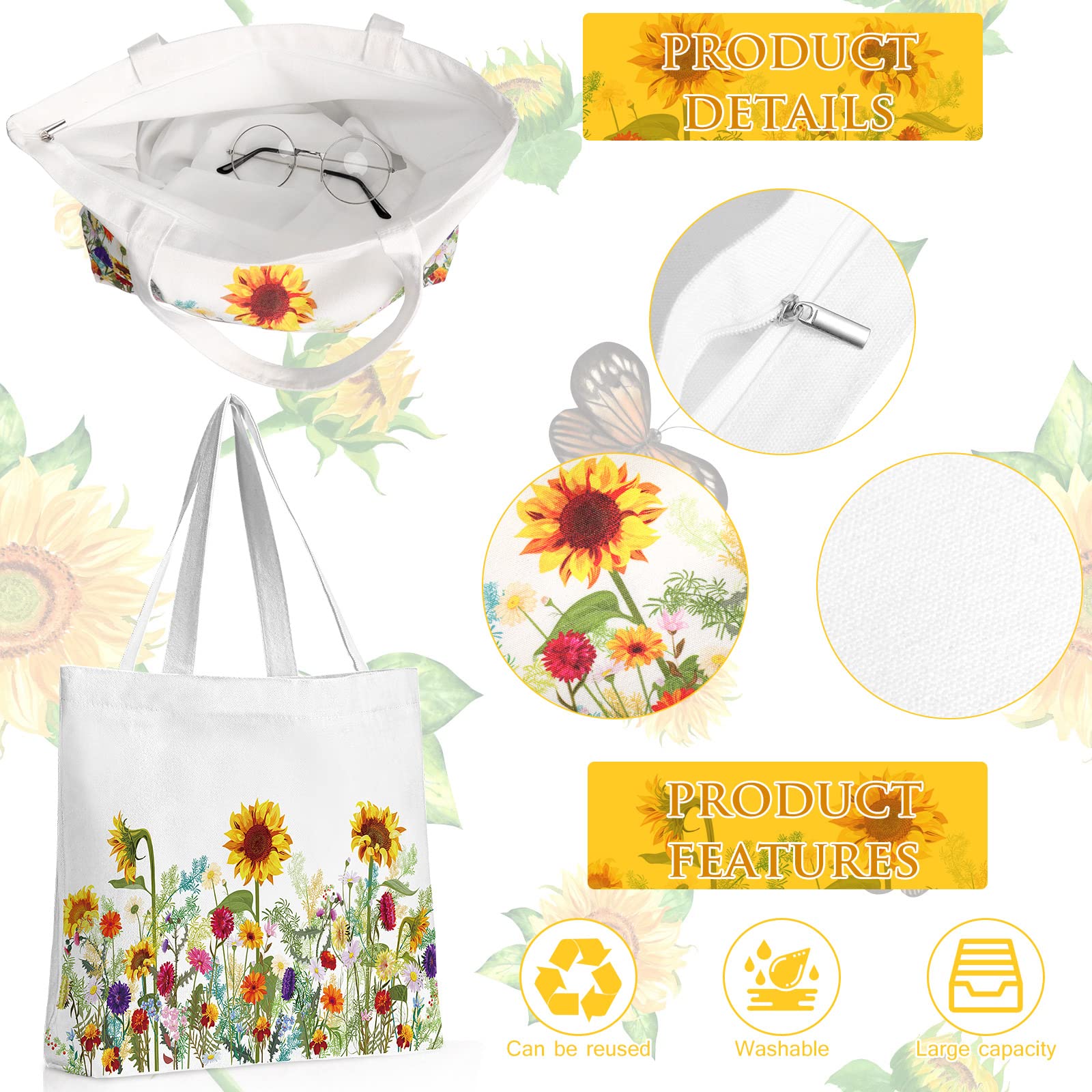 Sadnyy 2 Pcs Sunflower Canvas Tote Bags For Women Cute Aesthetic Floral Makeup Bags Gift For Valentine Shopping Travel Work Gym