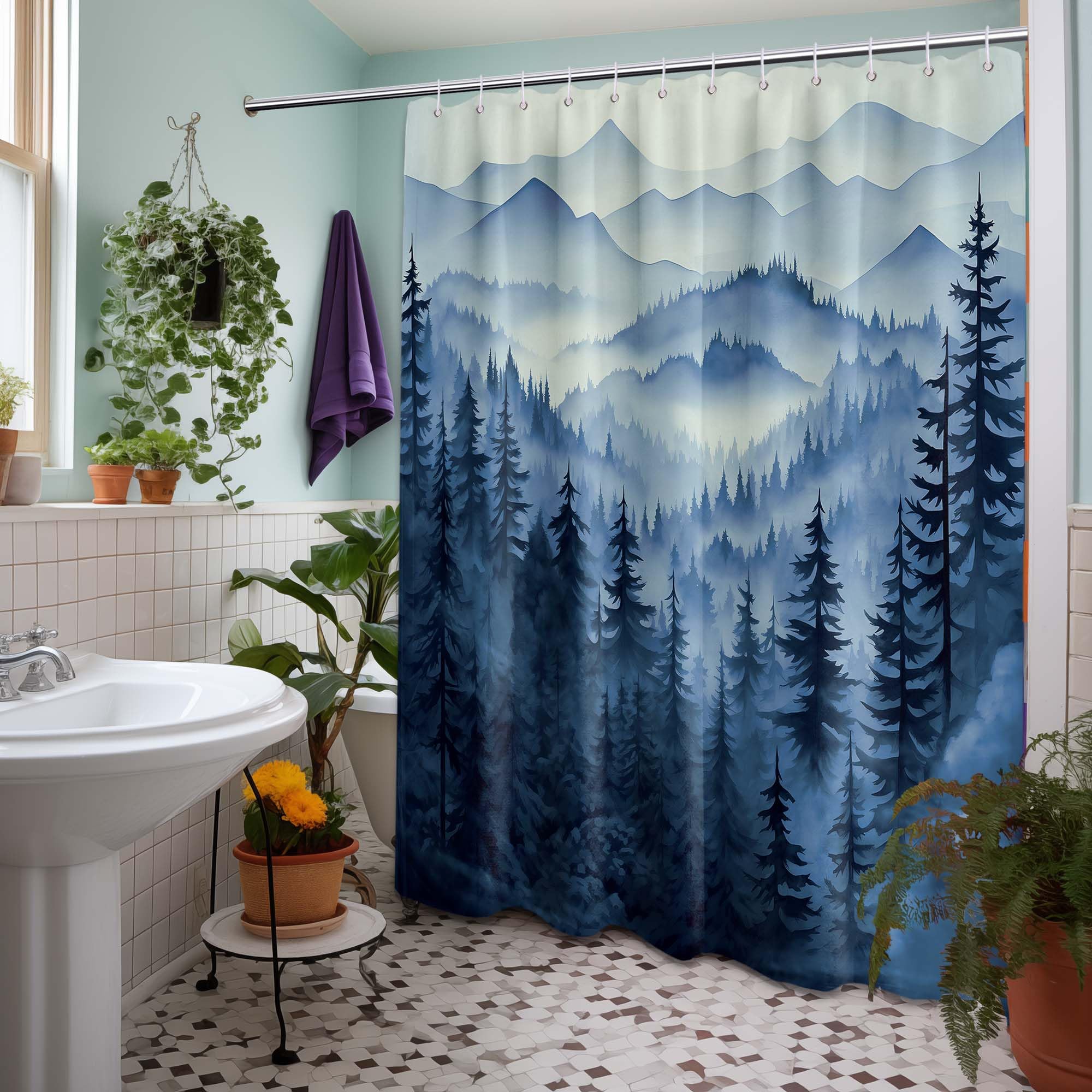 Qghot Mountain Shower Curtain Sets, Navy Blue Shower Curtains For Bathroom, Nature Woodland Forest Waterproof Pine Tree Bathroom