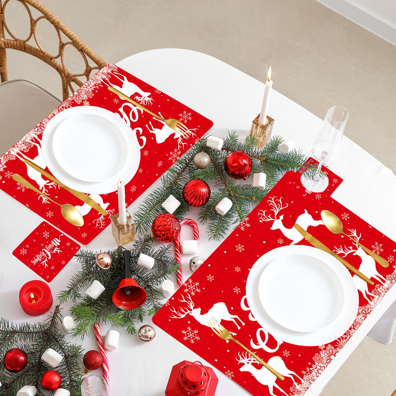 12Pcs Christmas Pvc Placemats Coasters Set, Rectangular Reindeer Elk Snowflake Dining Table Place Mats, Washable Heat-Resistant