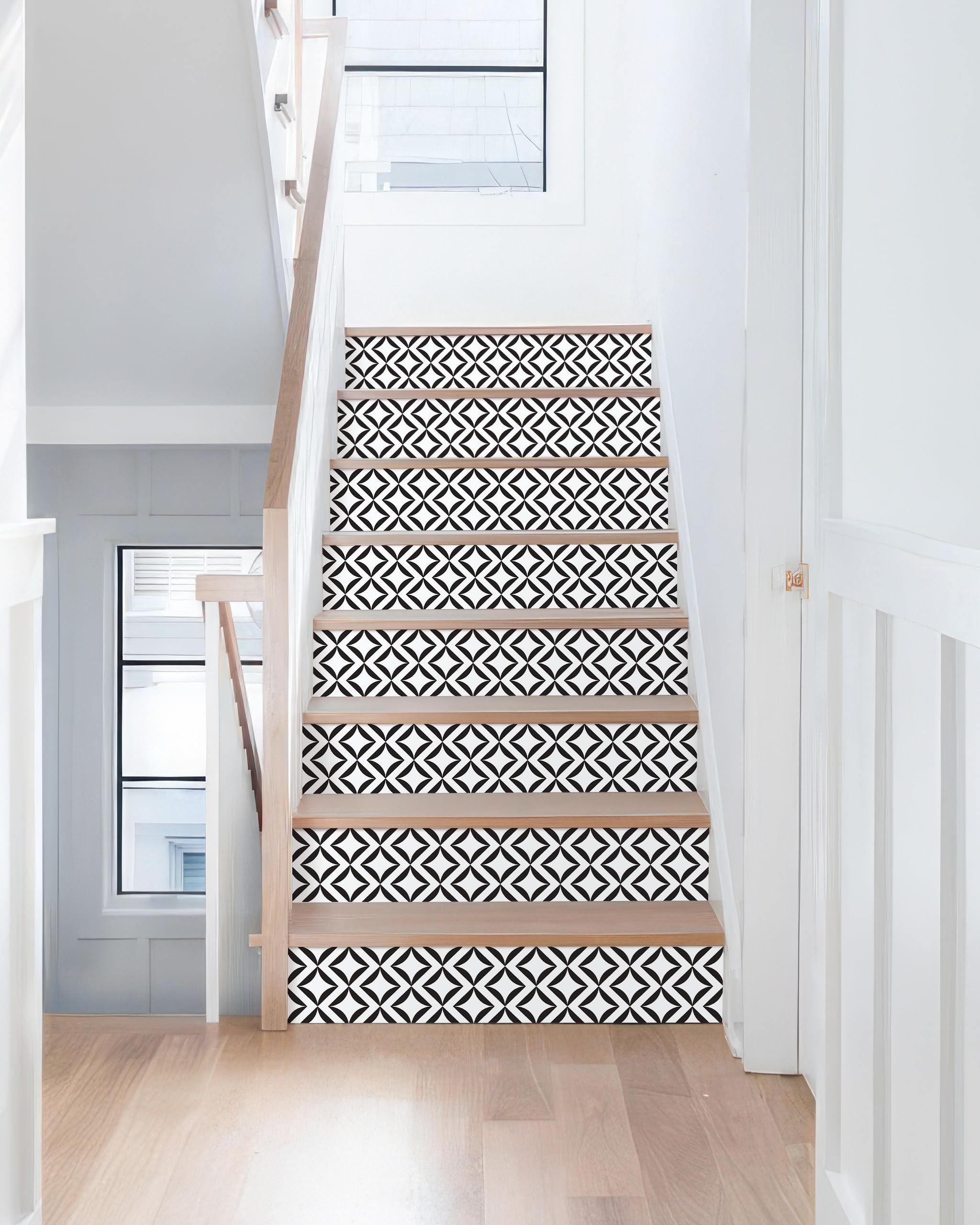 FLFK Geometric Pattern Peel and Stick Stair Riser Decals, Modern Minimalist Black and White,39.3 W x 7.08 H x 7Pcs